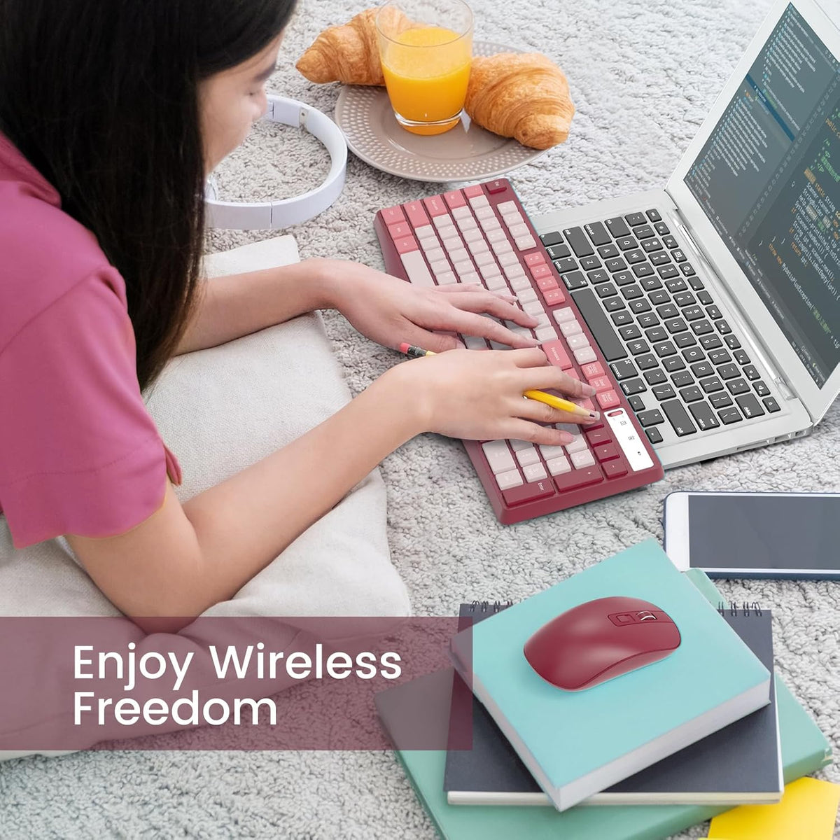 Wireless Keyboard and Mouse Combo, Lovaky 2.4G Full-Sized Ergonomic Keyboard Mouse, 3 DPI Adjustable Cordless USB Keyboard and Mouse, Quiet Click for Computer/Laptop/Windows/Mac (1 Pack, Rose)