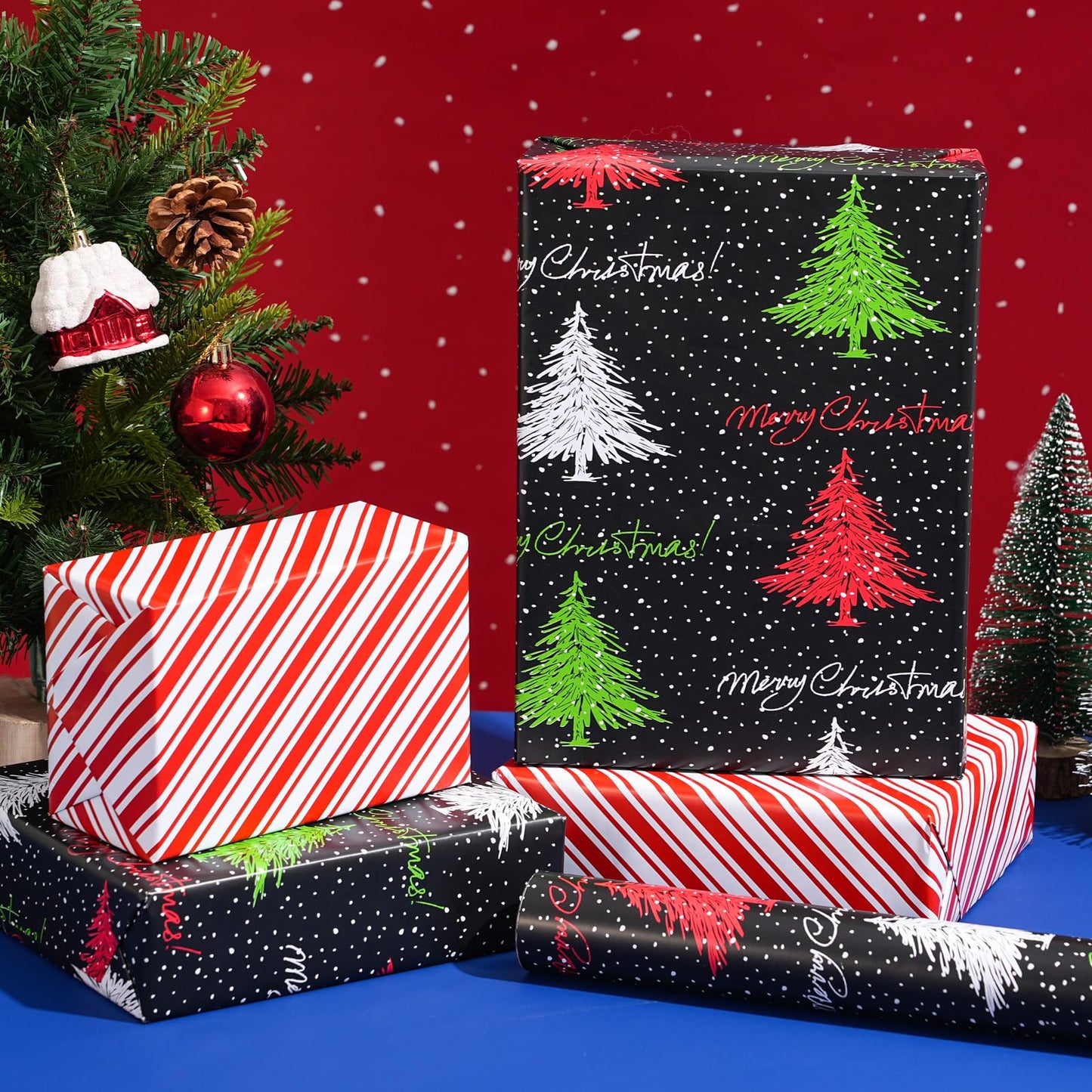 ZINTBIAL Christmas Tree Reversible Wrapping Paper Roll - Gift Wrap with Red & White Stripes on Reverse - Perfect for Holidays, Birthdays, and Halloween - 17.5 in x 33 ft (48 sq. ft)