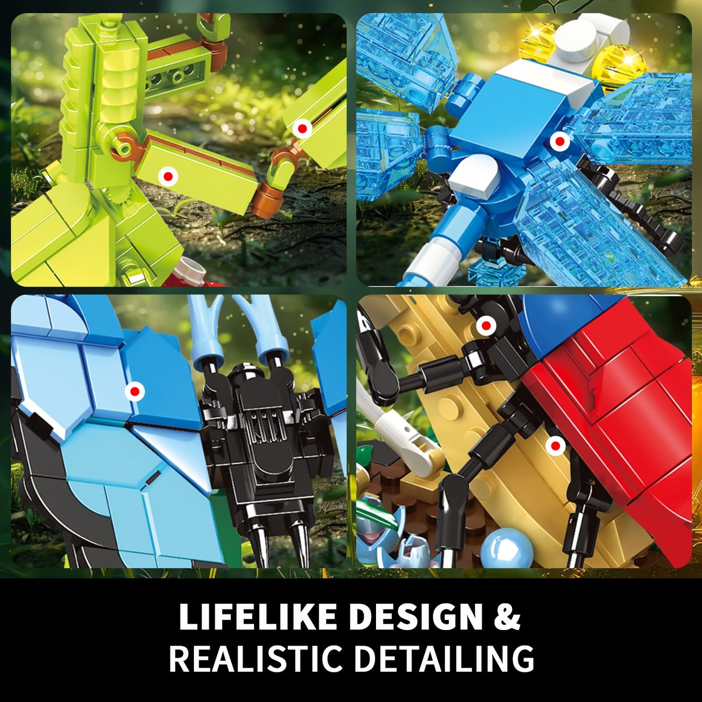 mesproud Ideas Insect Collection Toys, Bug Building Set with Life-Size Blue Morpho Butterfly, Hercules Beetle, Dragonfly and Chinese Mantis Display Models, Nature Décor Gifts for Adults Boys Girls