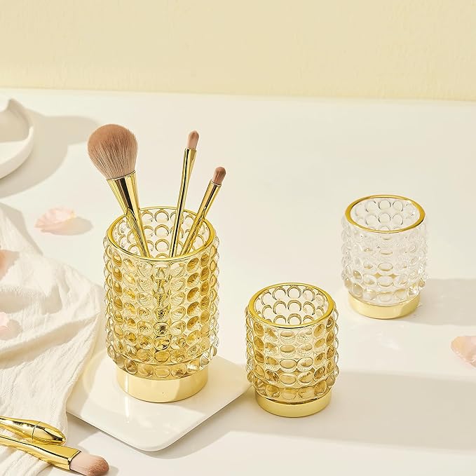 Makeup Brush Holder Organizer,Toothbrush Holders,Desk Pen Pencil Holder,Multifunctional Vintage Glass Brush Cup(A38-6-US/Gold/S)