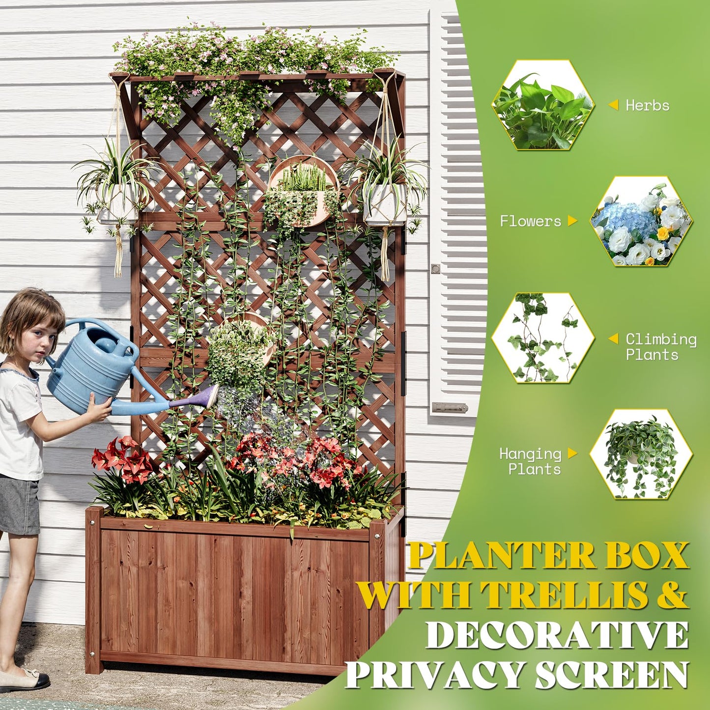 AMERLIFE Raised Garden Bed with Trellis for Vegetables, Climbing Plants, Durable Natural Wood Planter Box with Drainage Holes, Privacy Planter for Outdoor Yard & Patio, Easy Assembly