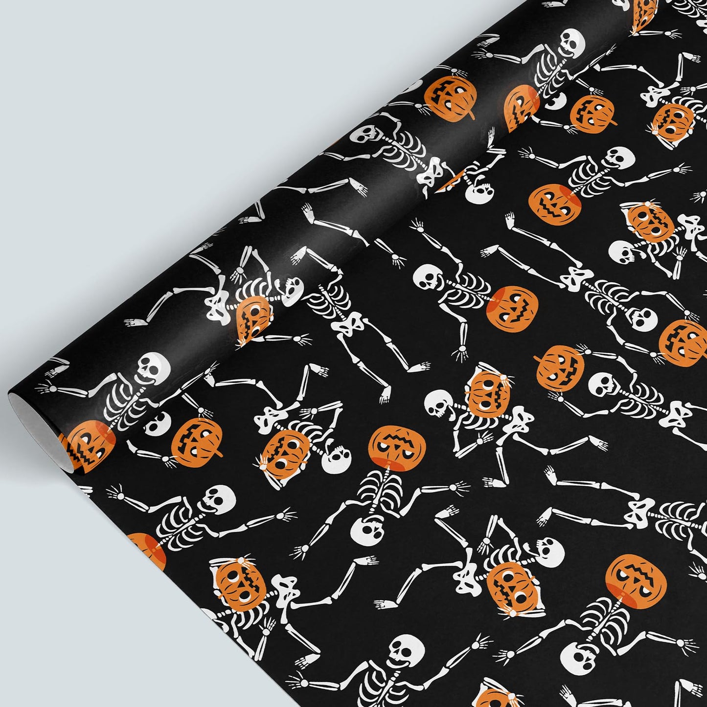 Whaline Halloween Wrapping Paper -Mini Roll- 17 Inch x 32.8Ft Black Dancing Skeleton Pumpkin Gift Wrap Paper Spooky Art Paper for Birthday DIY Crafts