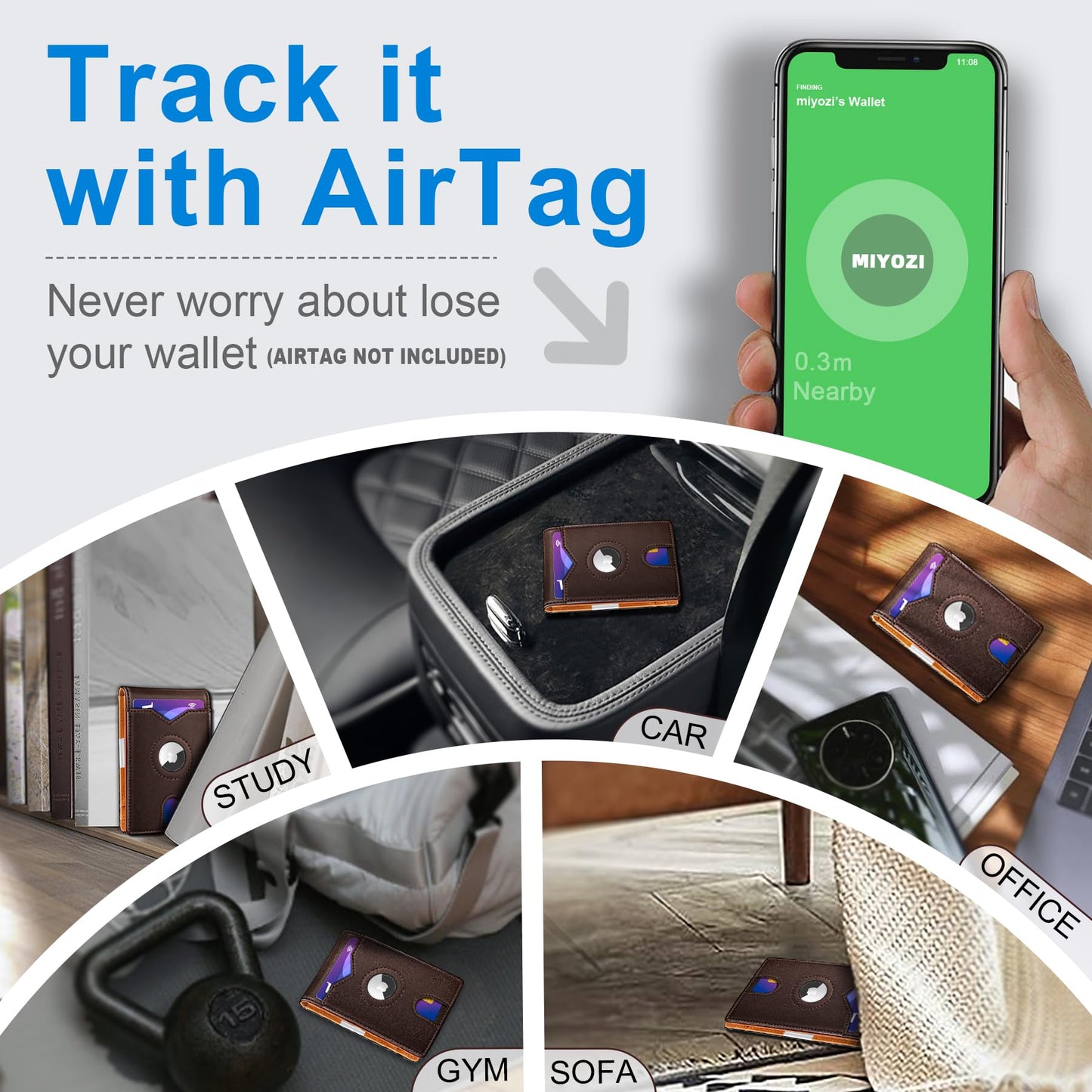 miyozi Airtag Wallet for Men,with Money Clip 11 Cards Slim Front Pocket Leather RFID Blocking Wallet with Gift Box