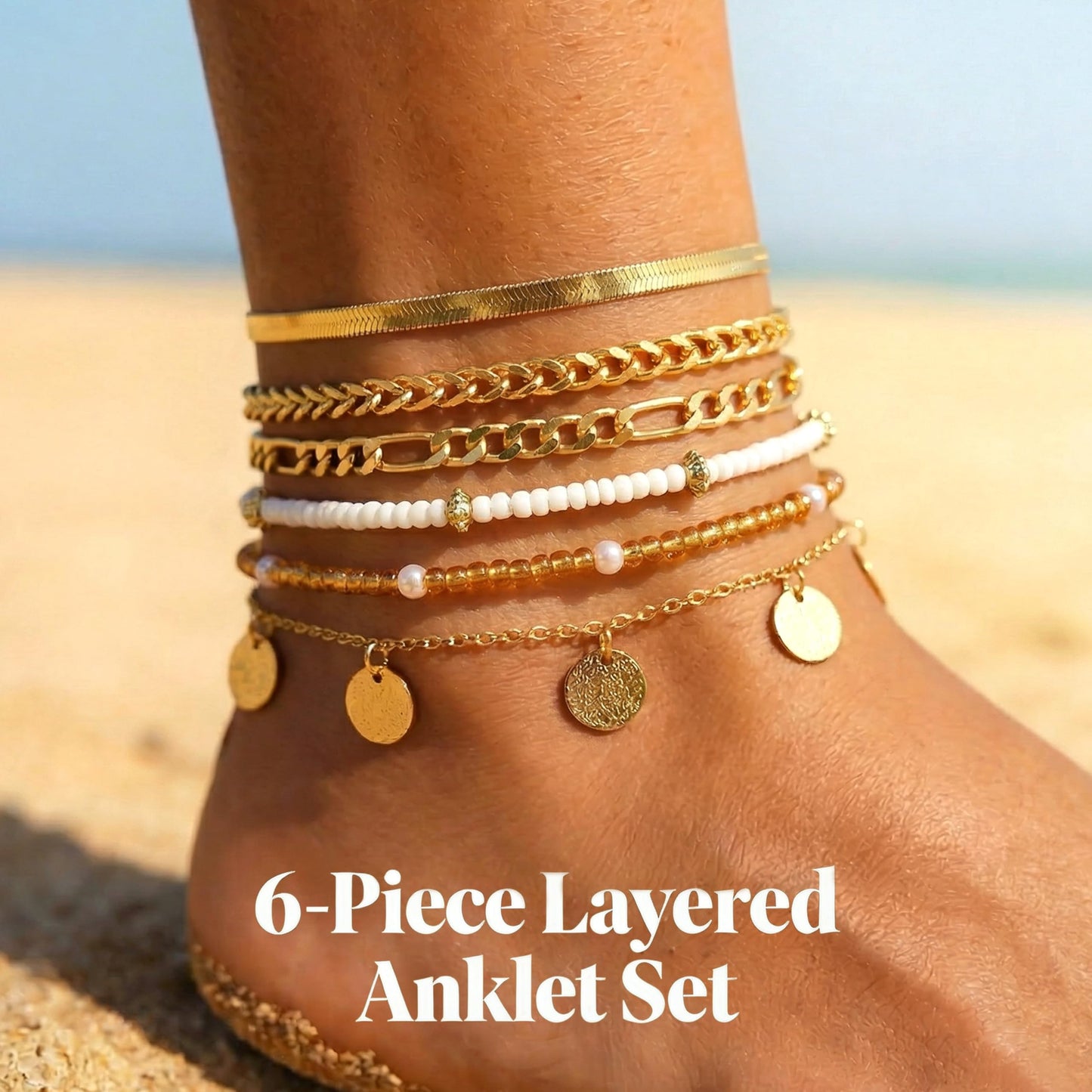 FAXHION Gold Ankle Bracelets for Women Waterproof, layered Coin Bead Cuban Link Chain Adjustable Anklets Set, Summer Boho Anklet Beach Jewelry Gift for Women
