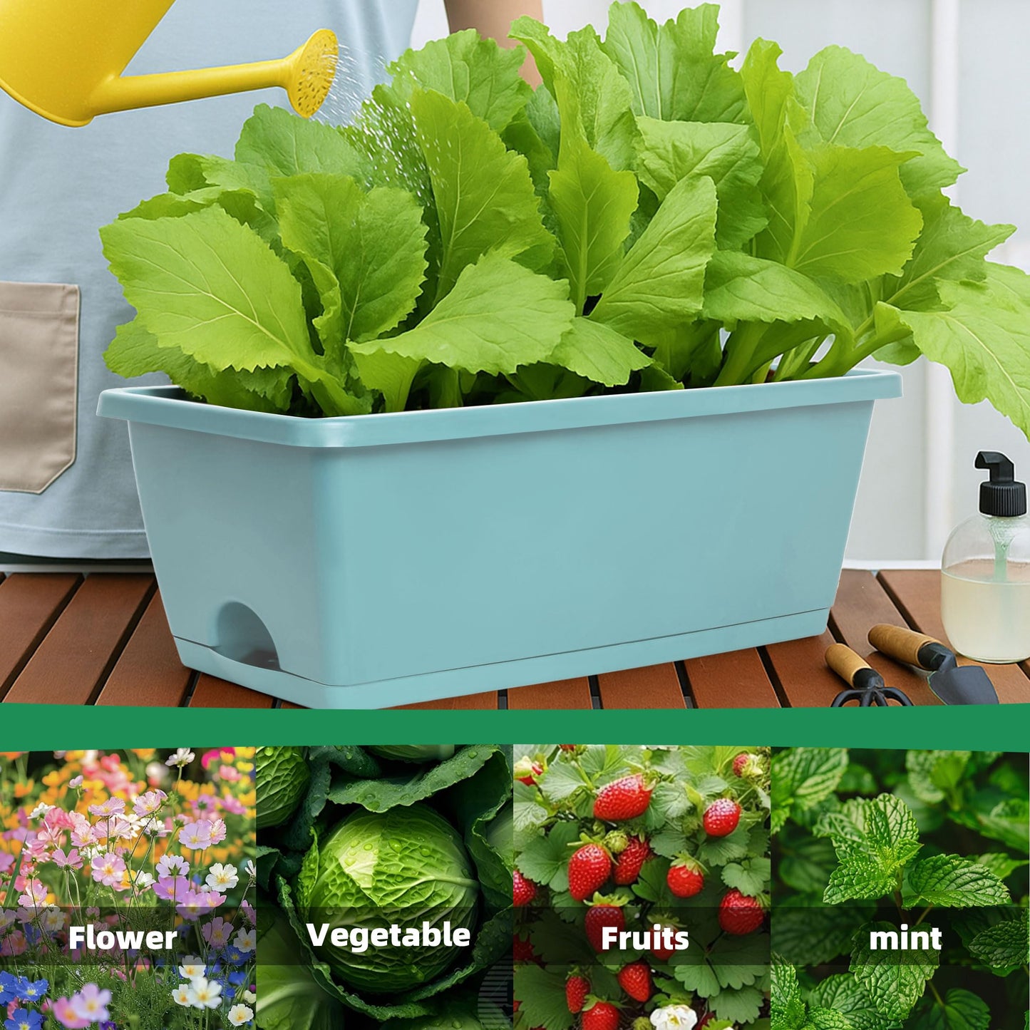 LOCONHA Window Box Planter, Plastic Vegetable Flower Planters Boxes 17 Inches Rectangular Flower Pots with Saucers for Indoor Outdoor Garden, Patio, Home Decor (12, Sky Blue)