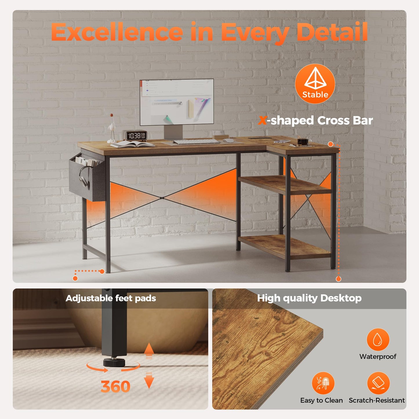 Mericonia Small L Shaped Computer Desk with Power Outlets, Reversible Gaming Desk with Storage Shelves, Corner Gamer Desk Table, Study Writing Table