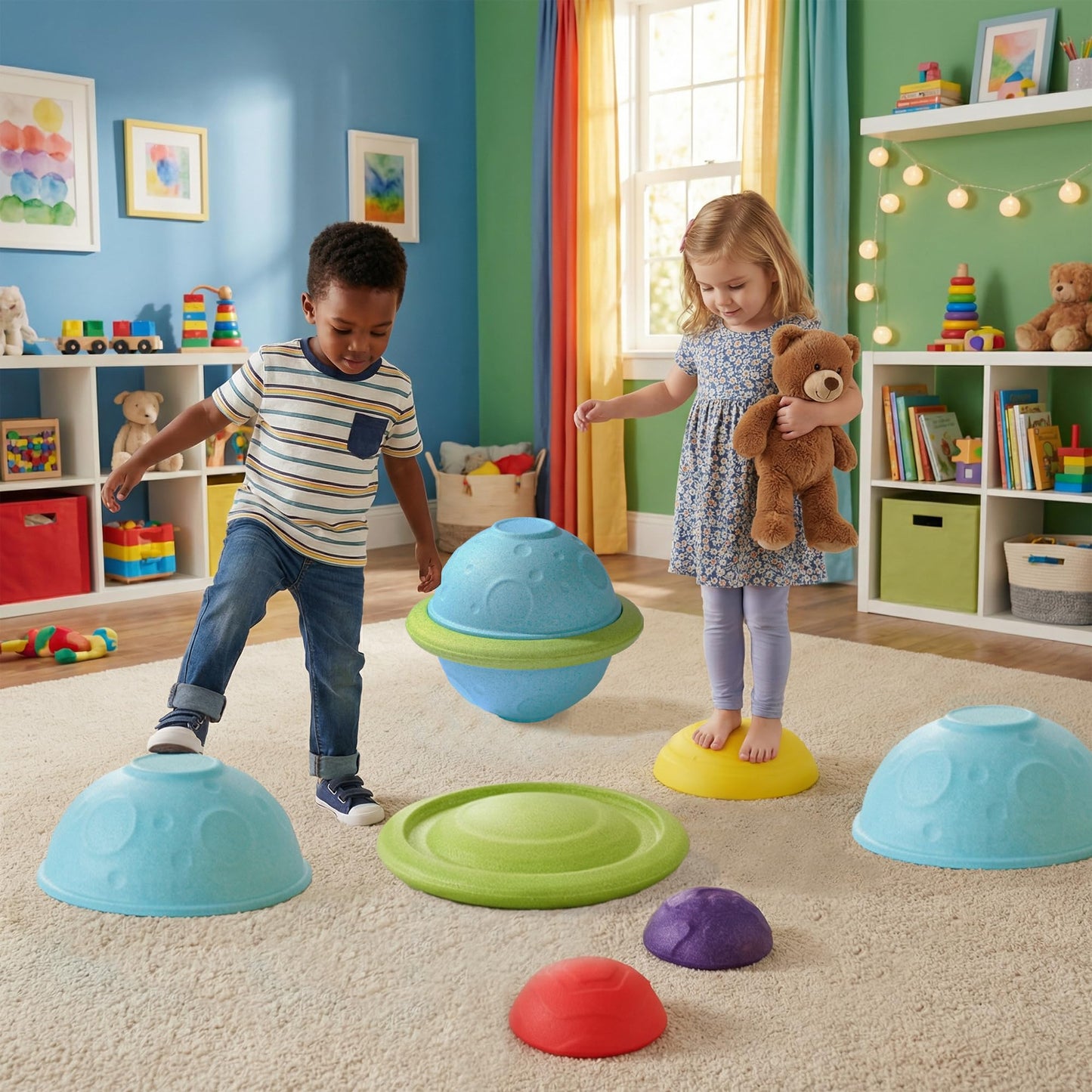 LoomLark Balance Stepping Stones for Kids 6PCS EPP River Stones with 3 Mini Planet Ball Indoor and Outdoor Coordination Game Sensory Toys Toddler Ages 3 4 5 6 7 8+