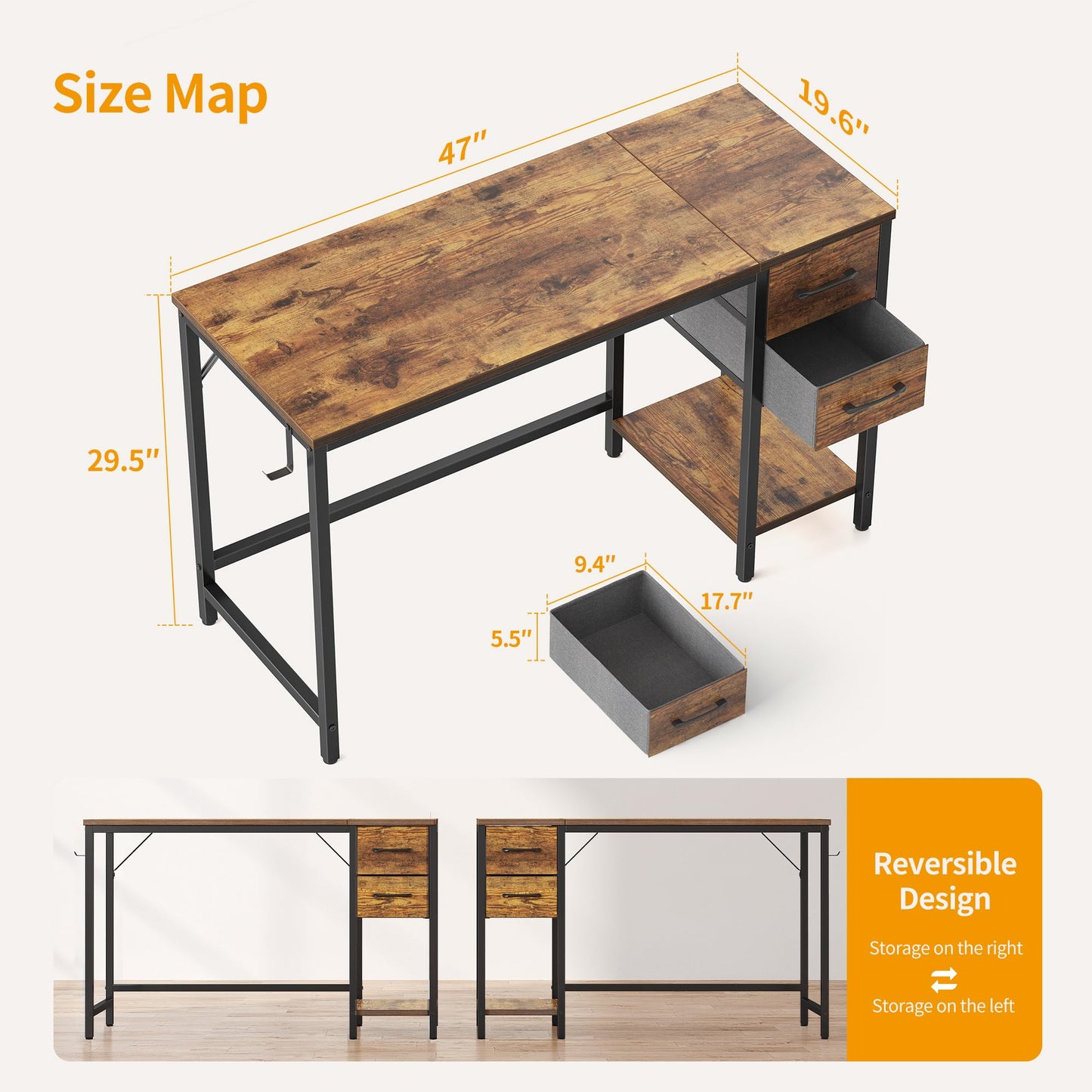 CubiCubi Computer Desk with 2 Drawers, 47 Inch Small Home Office Desk with Storage Study Writing Table, Light Brown
