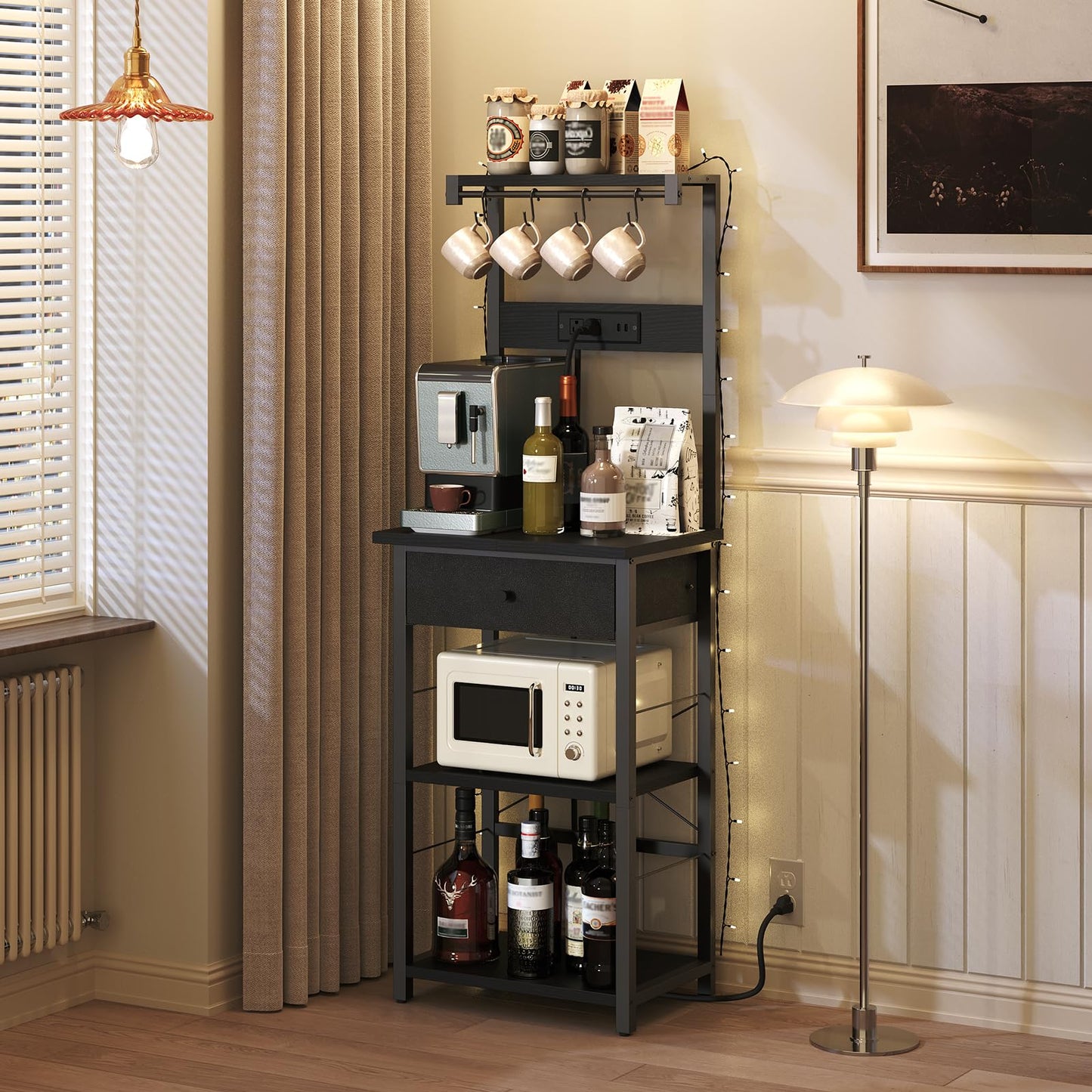 MAHANCRIS Bar Cart for Home and Bakers Rack with Drawer Bundle, Microwave Stand with Power Outlet, RCHR6101-BRBK48E01