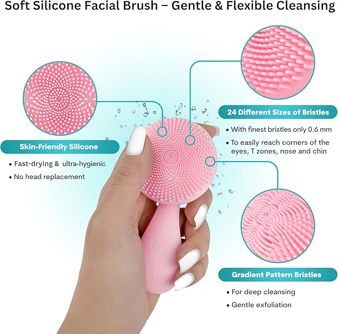 Silicon Facial Cleansing Brush - Electric, Rechargeable, Waterproof IPX7 - Rotating Magnetic Beads - 4 Function Modes - Face Massage for Deep Cleaning - Magnetic Charging Base - Ergonomic Handle