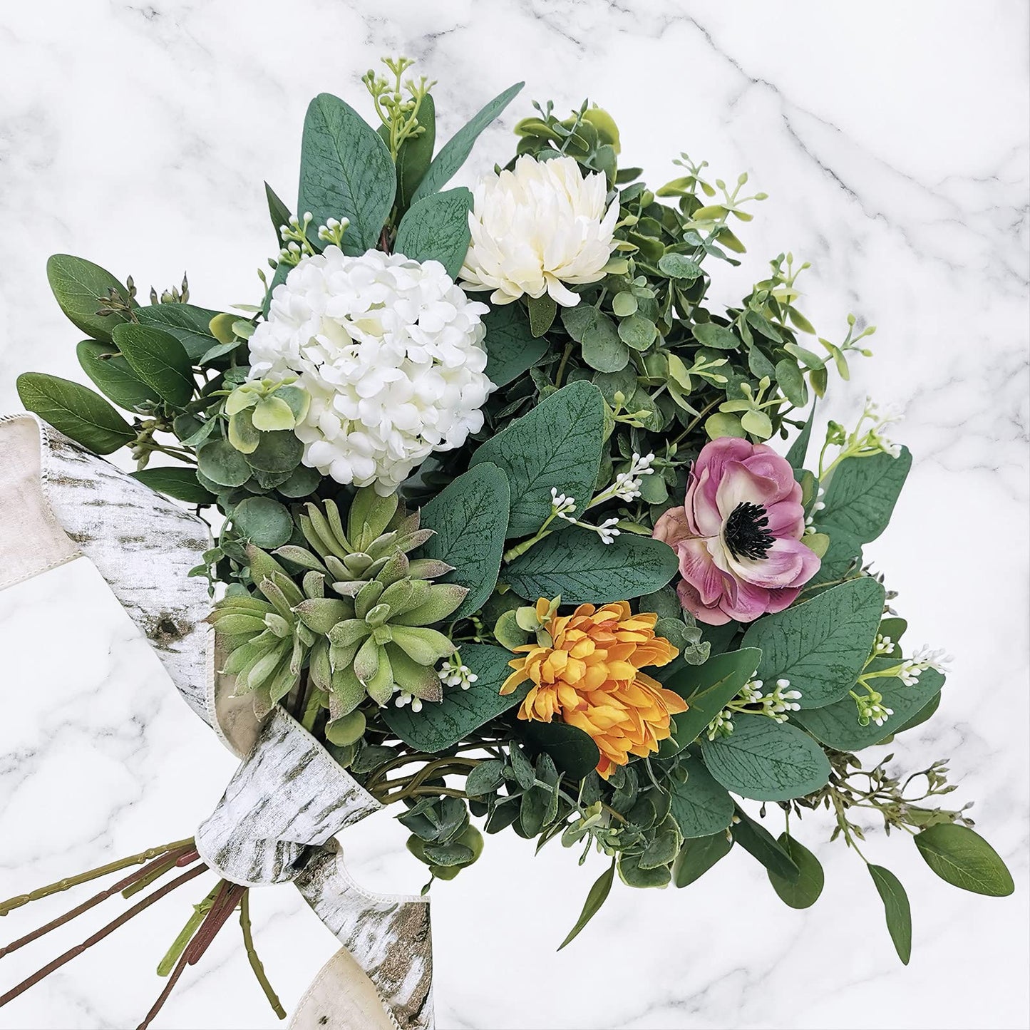 Winlyn 20 Pcs Mixed Artificial Oval Eucalyptus Leaves Bulk with White Seeds Stems and Spray for Vase Floral Wreath Bouquets Wedding Greenery Decoration