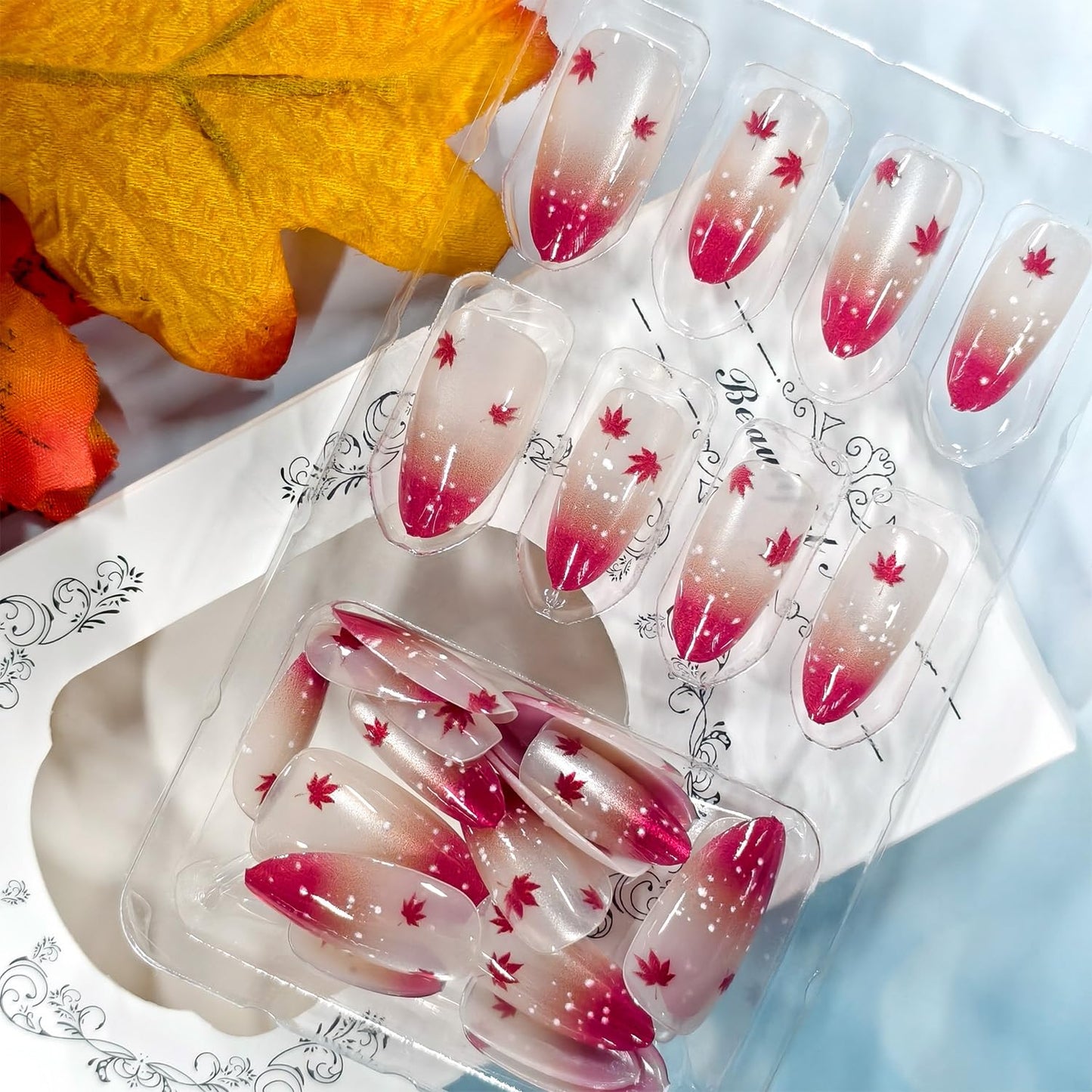 30Pcs Autumn Press on Nails Medium Almond Artificial Acrylic False Nails French Red Tip Maple Leaf Design Stick on Nail Thanksgiving Full Cover Artificial Fingernails for Women Festival Manicure