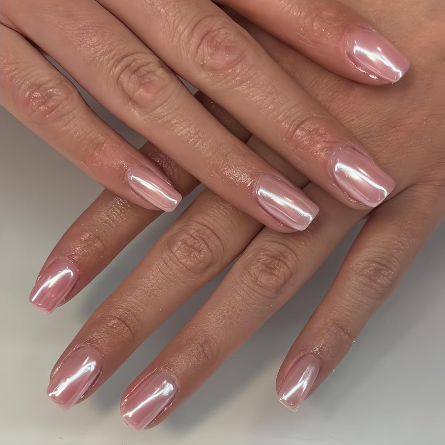 Bright Pink Press On Nails Short Medium - KQueenest Chrome Press On Nails Square, Sparkle Acrylic Fake Nails Press on Mirror Shine, Glazed Glue on Nails Short, Natural Stick On Nails for Women 24 Pcs