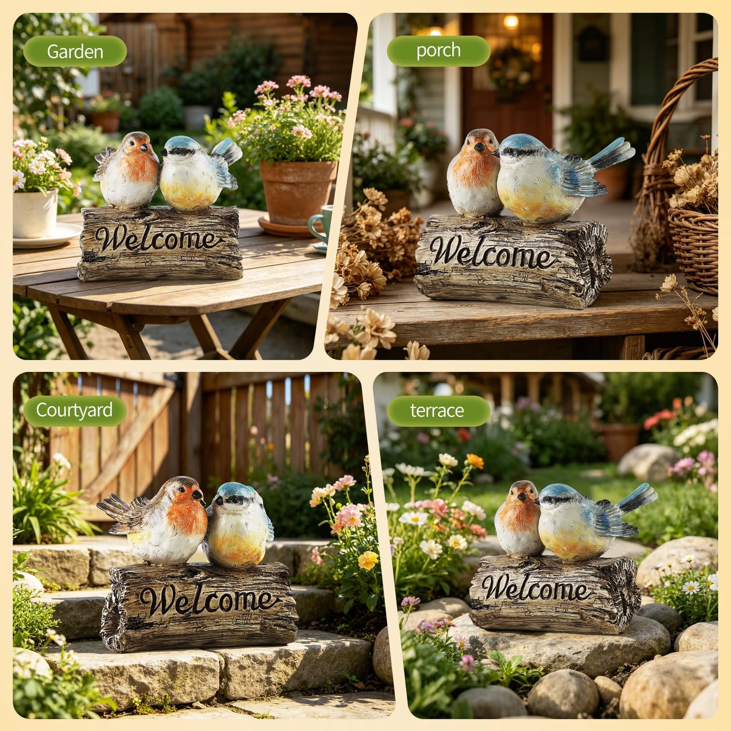 Mantaoilfe Welcome Bird Figurine Resin Garden Statue with Welcome Sign, Rustic Double Bird Decor on Driftwood Style Base for Front Porch Entryway Patio Lawn Garden or Indoor Tabletop