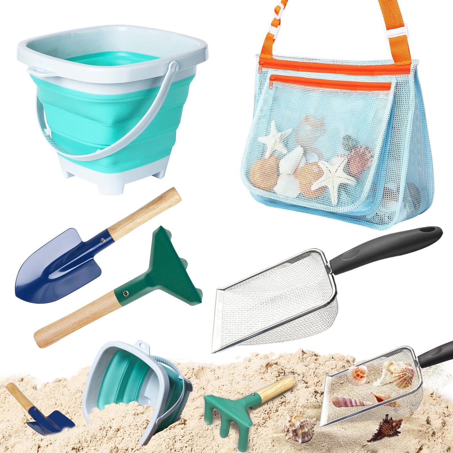 LIDAGO 5 Pcs Sand Toys Beach Set Include 1 Metal Shovel,1 Metal Rake,1 Foldable Beach Bucket & 1 Sand Sifter with 1 Mesh Beach Bag for Shells Collecting