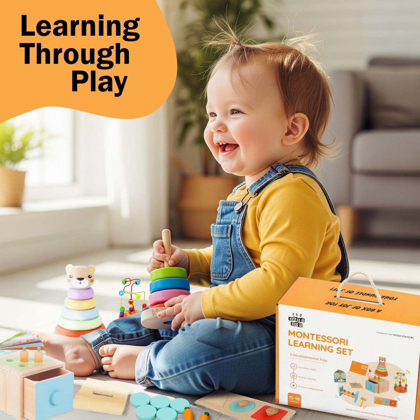 123 BABY BOX 6-in-1 Montessori Learning Toys for 13-18 Months - Toddler Developmental Activity Set with Bear Tower, Pound Bench, Beads Coaster & More Educational Wooden Toys