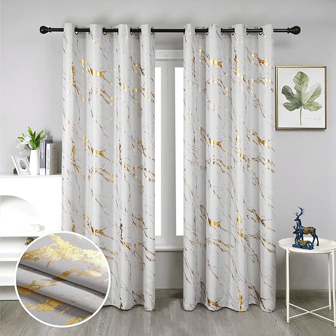 Taisier Home Gold Foil Print Linen Textured Curtains - Geometric Marble Pattern Design for Living Room - Light Filtering Window Treatment, 2 Panels, 72" L, Beige and Gold