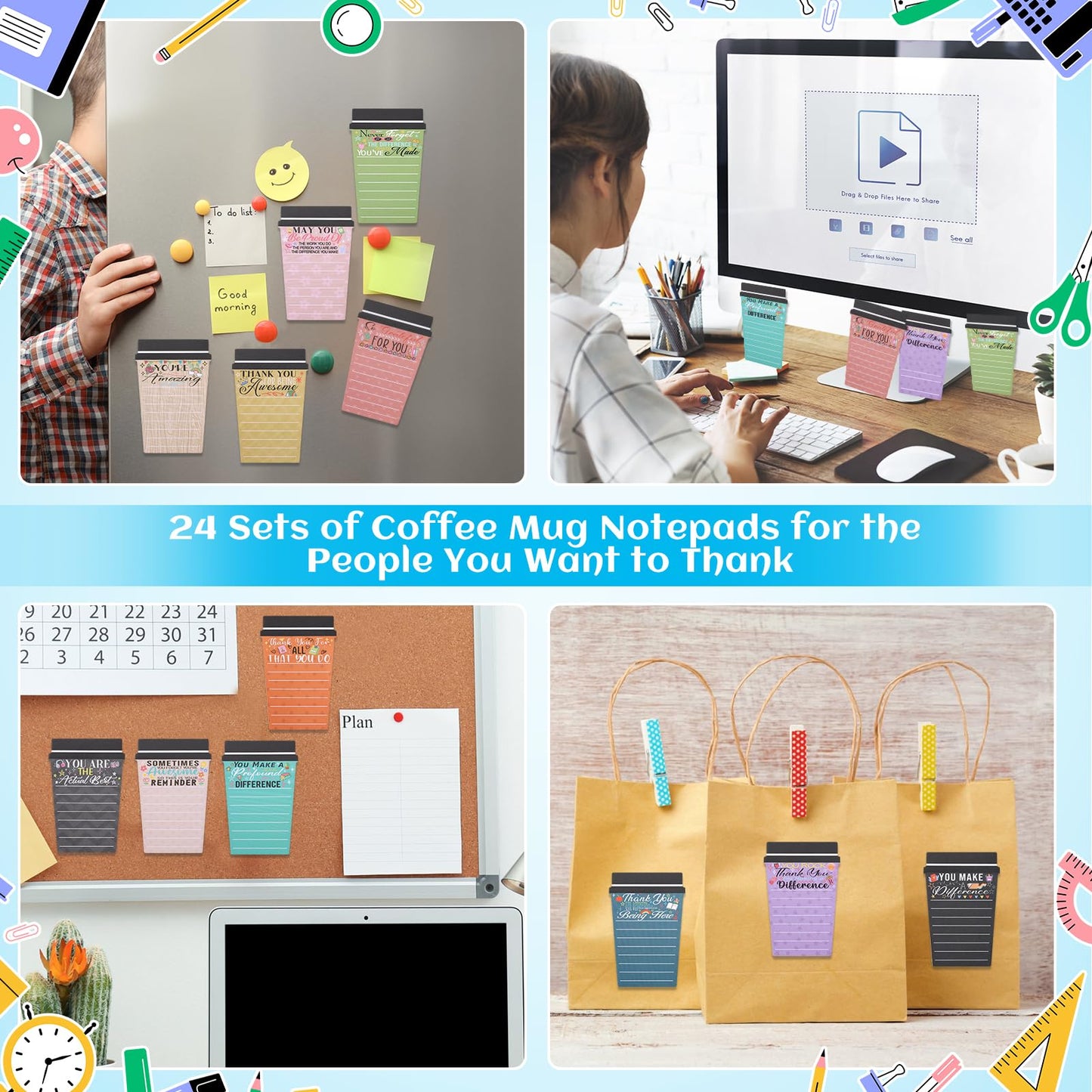 Mkway 24 Set Employee Appreciation Gifts Bulk Team - 24 Pack Coffee Cup Notepad+24 Ballpoint Pens+ 24 Drawstring Gift Bags, Bulk Gifts for Coworkers/Staffs/Teachers/Christmas