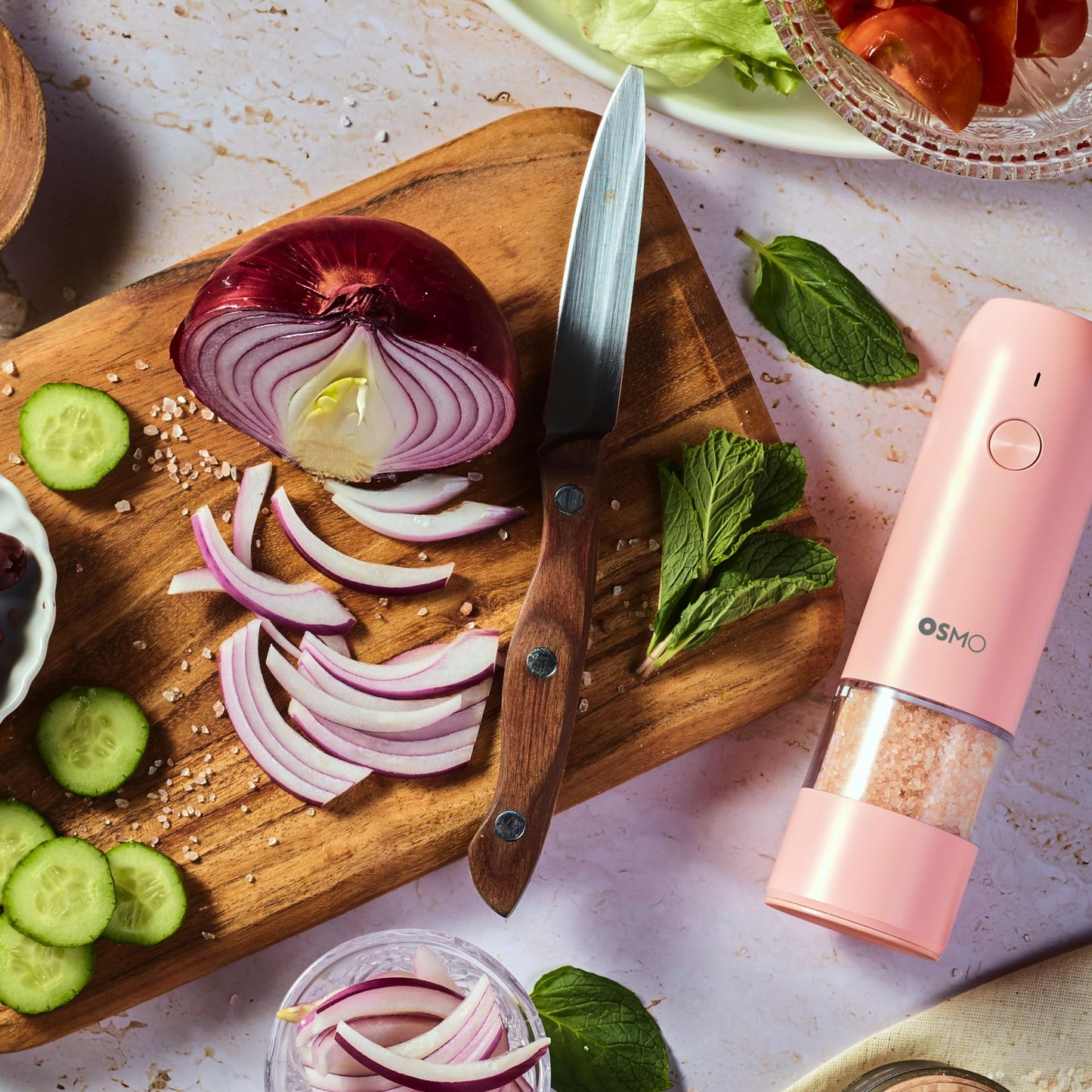 Osmo Rechargeable Electric Pepper Grinder - Adjustable Coarseness, LED Light, Ceramic Core, Battery Operated Mill, One Button Operation for Gourmet Cooking - Pink