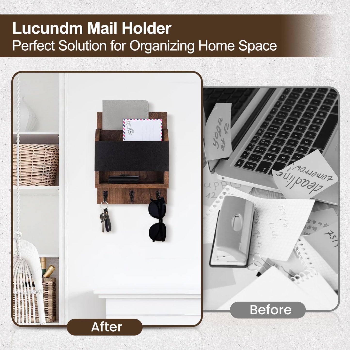 Lucundm Key and Mail Holder for Wall, Key Holder with Chalkboard and Long Storage Box, Key Hanger with 3 Sturdy Hooks for Coat, Dog Leash, Entryway Mail Organizer (Brown)