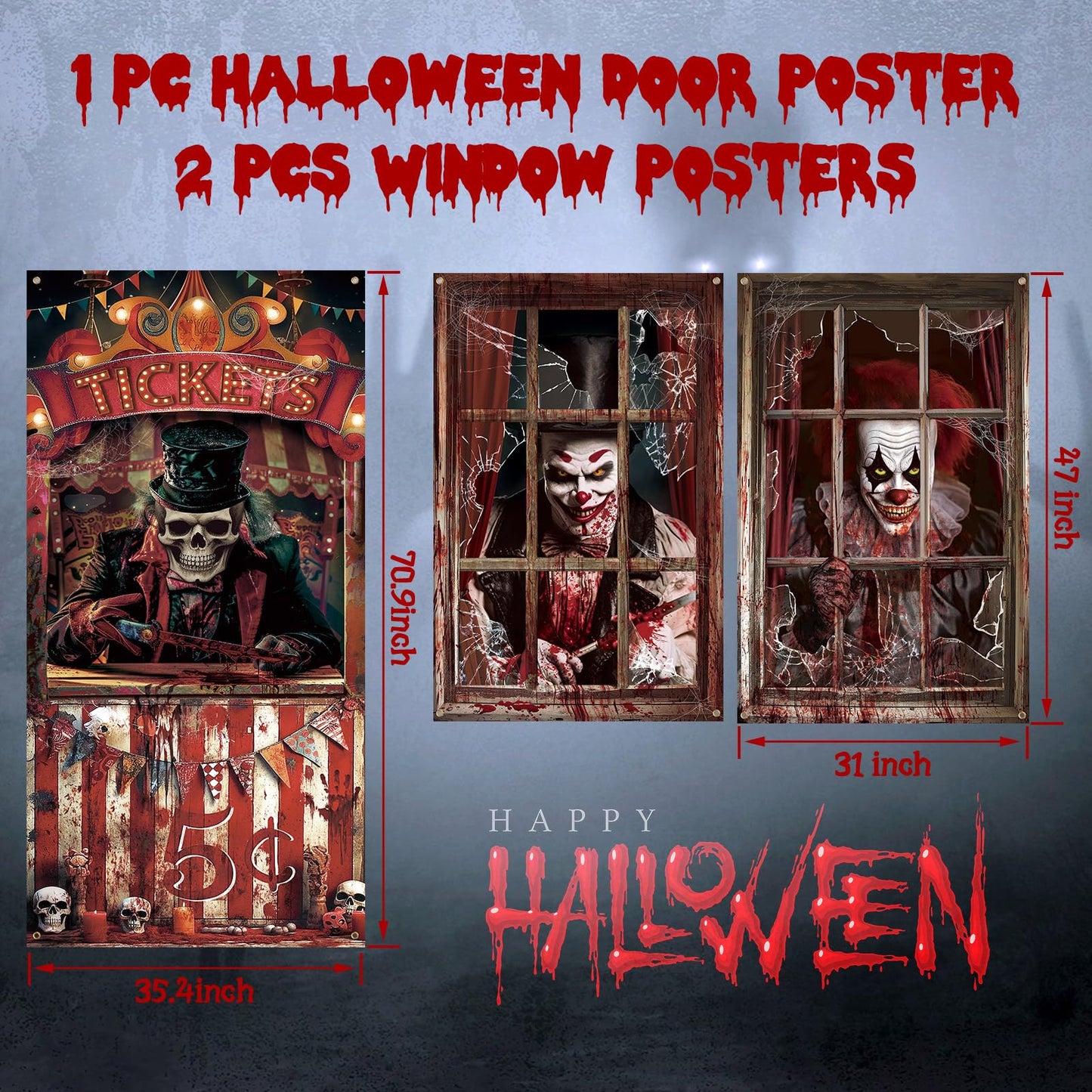 Fanfanwin 3 Pcs Halloween Evil Circus Window Door Covers Decorations Set Scary Clown Ghost Skull Curtain Decor Bloody Creepy Carnival Poster Backdrop Banner Halloween Window Silhouette for Party Decor