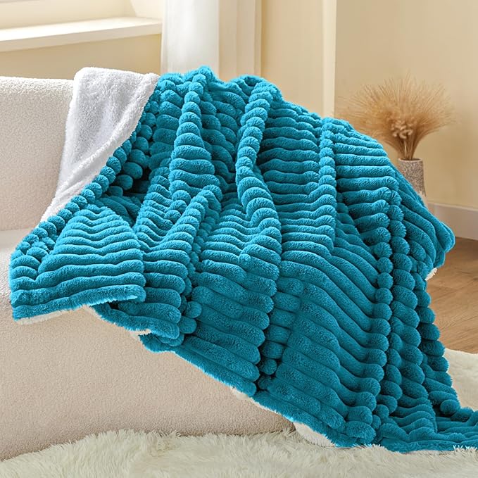 INFIIXSO Sherpa Throw Blanket for Couch - Super Soft & Warm Striped Fleece Blanket, Cozy Plush Fluffy Blanket All Season Use (Teal, 60x80 Inches)
