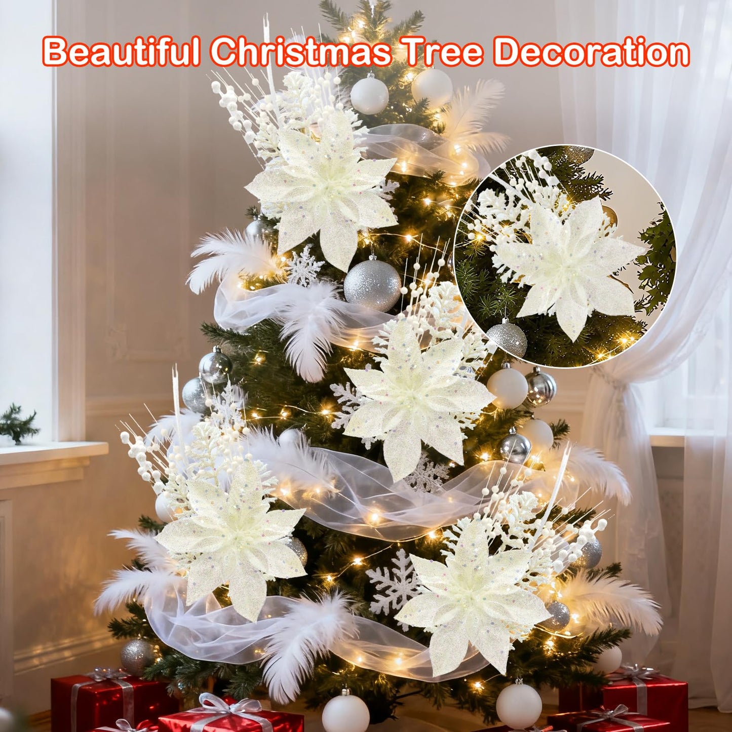 18 Pack Christmas Tree Ornaments Set, 17.5 Inch White Fake Christmas Picks Decorations with 2 Styles, Artificial Glitter Berry Stem Ornaments for Christmas Tree Wedding Small Vase Wreath Decor
