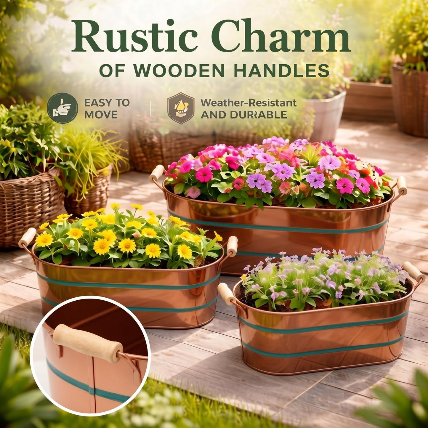 Zonon 3 Pack Galvanized Tub with Handles 17/12/10 Inch Large Metal Planter Set for Indoor Outdoor, Stackable Rustic Retro Flower Pots with 4 Drainage Holes