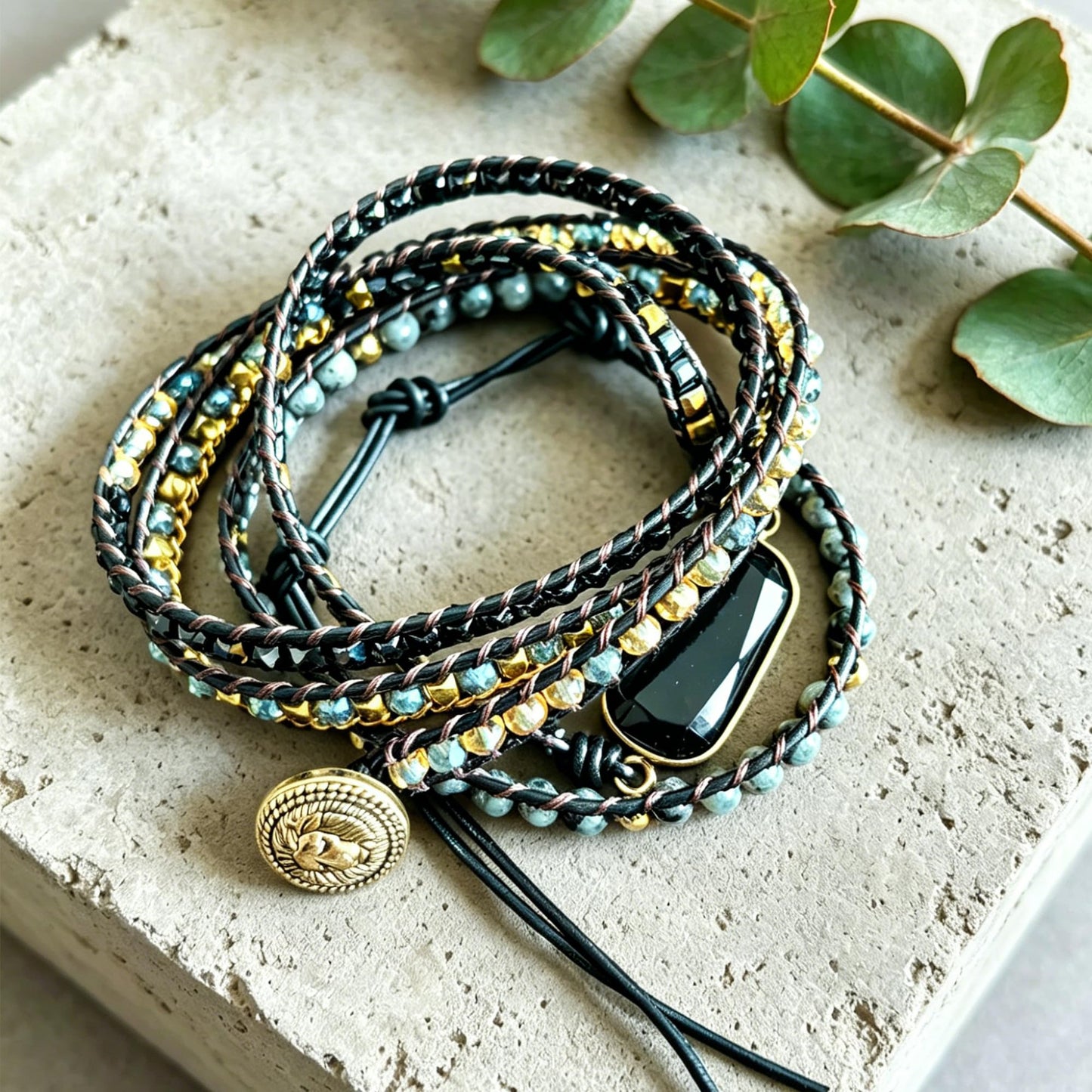 Plumiss Black Onyx Wrap Bracelet for Women Men, Handmade Leather Beaded Bracelet with Natural Black Onyx Crystals, Bohemian Gemstone Statement Bracelet Adjustable Boho Jewelry Gift