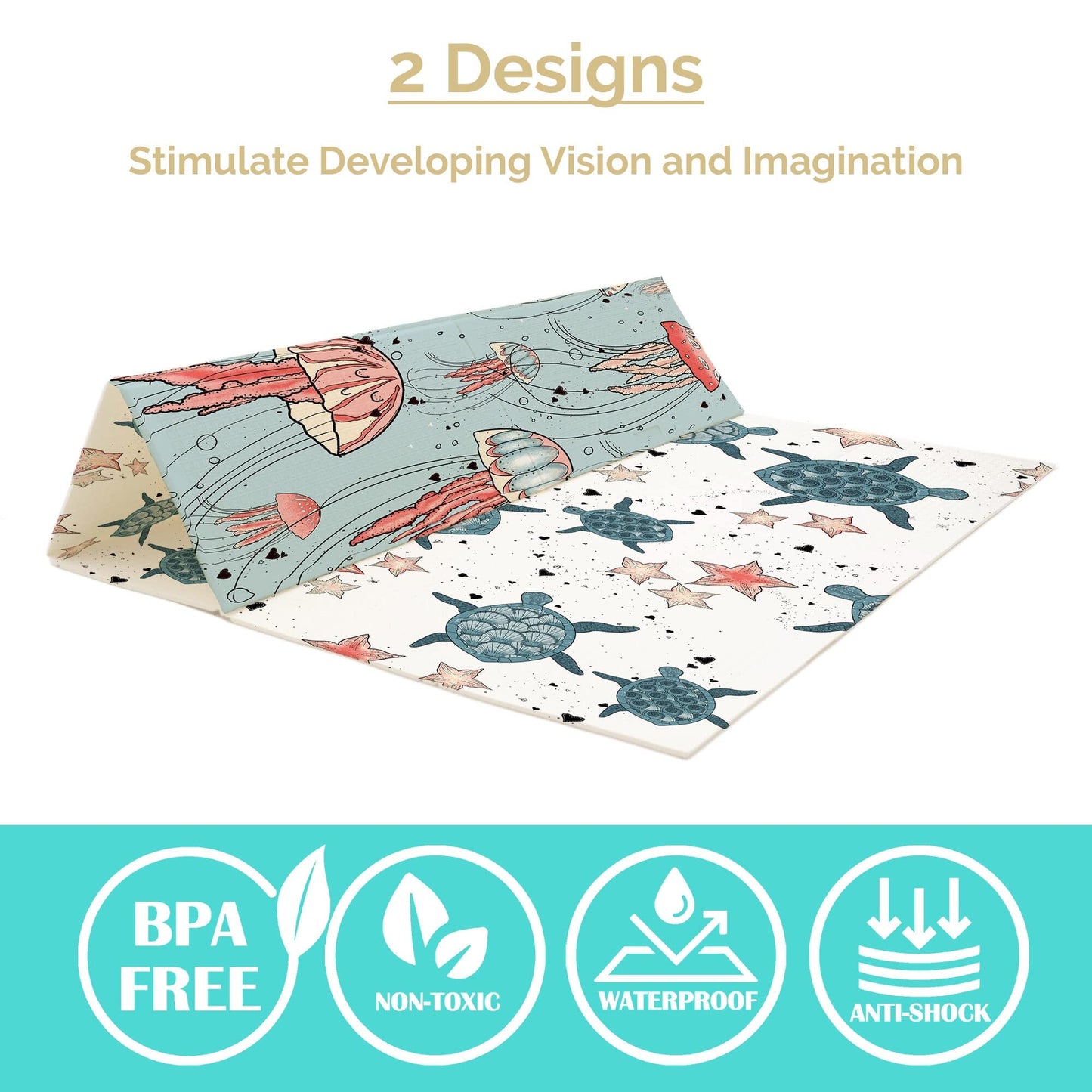 JumpOff Jo Foldable Foam Play Mat – Large Waterproof Baby & Toddler Activity Floor Mat, Double-Sided 70 x 59 Inch Play Surface - Seaside