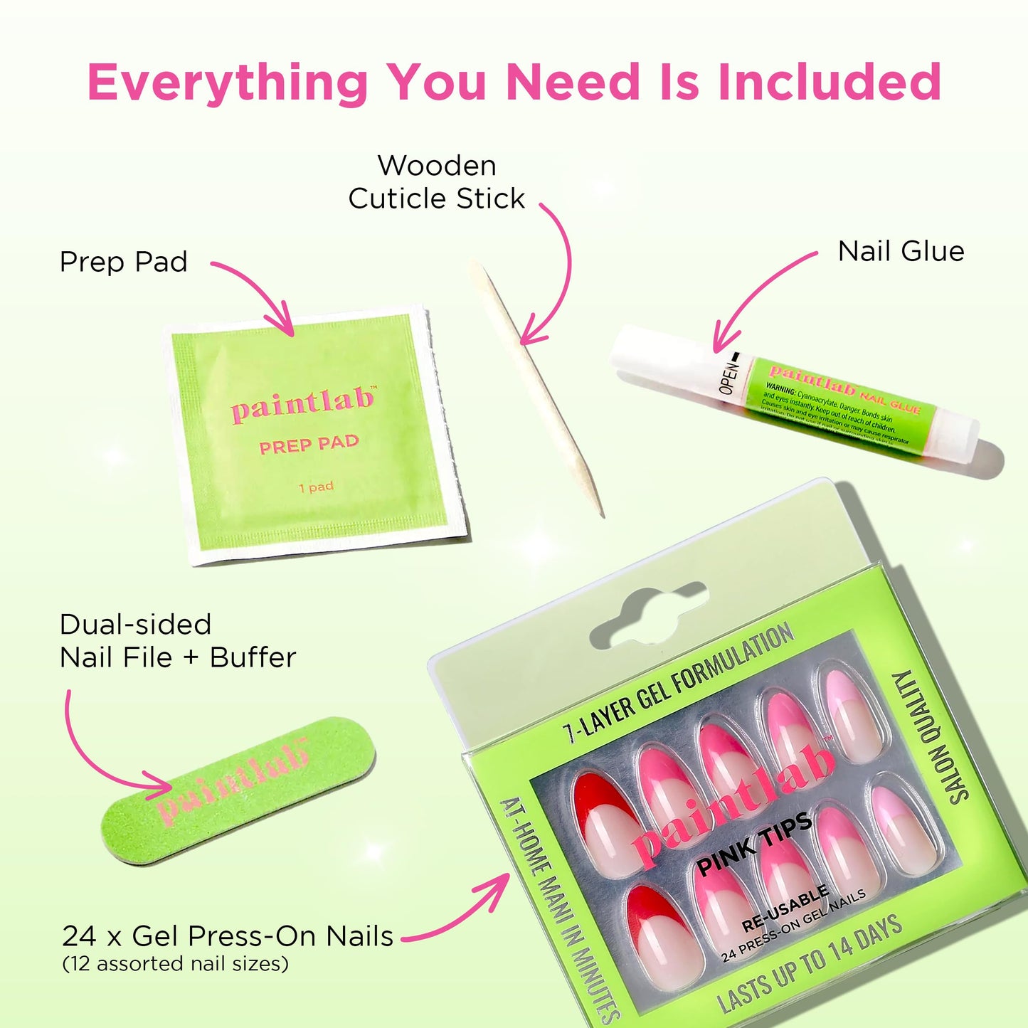 PaintLab Press On Nails - Pink French Tips Almond Fake Nails, 24 Nails in 12 Sizes with Glue, Reusable Salon Quality Press On Nails