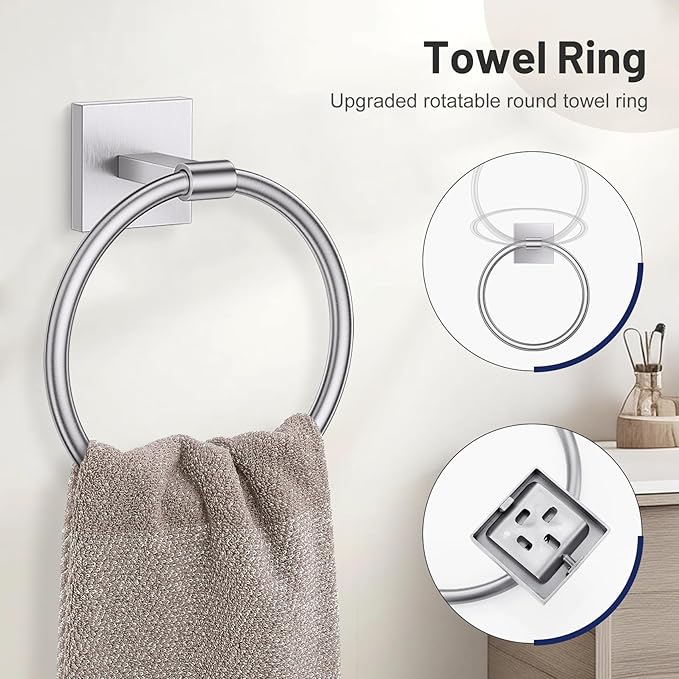 5-Piece Brushed Nickel Bathroom Hardware Set, SUS304 Stainless Steel Bathroom Accessories Set 23.6 inches Towel Bar, Toilet Paper Holder with Shelf, Towel Ring and Two Towel Hooks Wall-Mounted