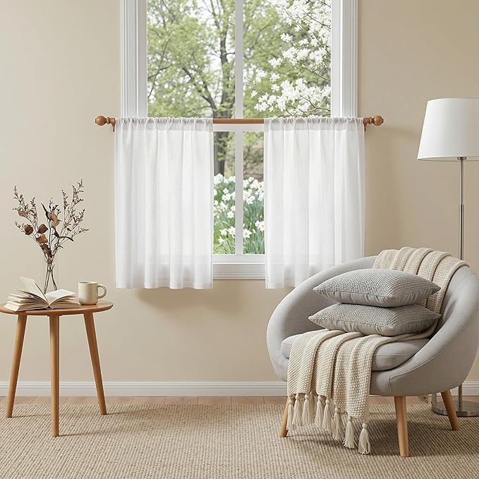 MYSKY HOME White Curtains 24 Inch Long for Kitchen, Semi Sheer Light Filtering Window Panels Rod Pocket Valance Neutral Drapes for Small Window/Cafe/Bathroom Basement, Pure White 2 Panels, 34 in Wide