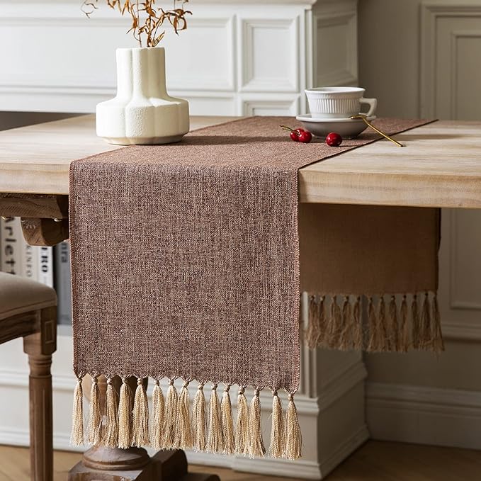 ZeeMart Brown Table Runners 90 Inches Long, Burlap Linen Style Rustic Farmhouse Table Runner, Long Boho Dining Table Runner, 13x90 Inches, Brown