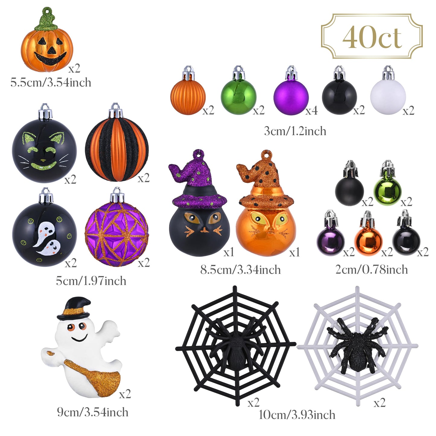 Valery Madelyn Halloween Ornaments Tree Decorations, 40ct Medium Shatterproof Ghost Cat Jack-o'-Lantern Pumpkin Hanging Ball Ornaments Set for Small Tree, Cute Holiday Party Indoor Home Decor