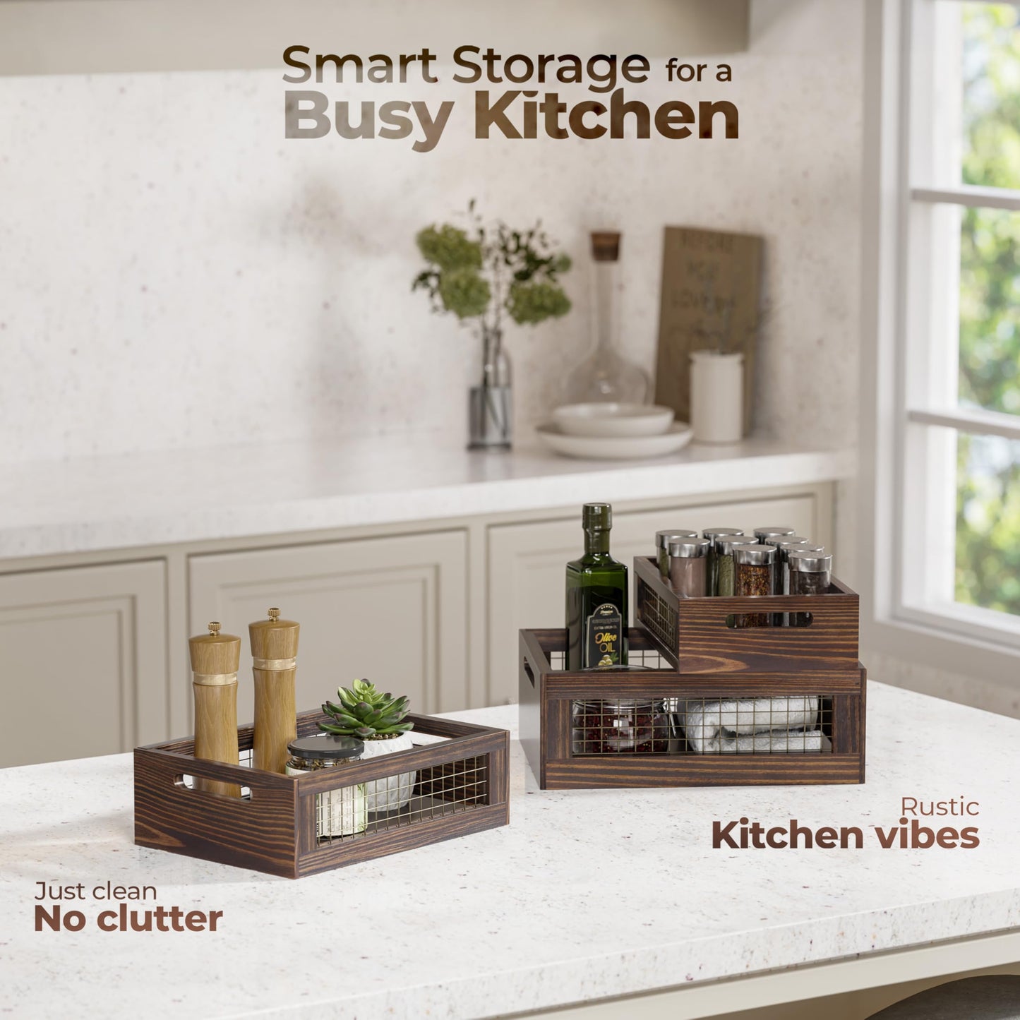 NAGAWOOD Set of 3 Wooden Nesting Countertop Baskets, Rustic Wood Storage Crates with Handles for Kitchen, Pantry, Bathroom, Fruit, Vegetables, Bread