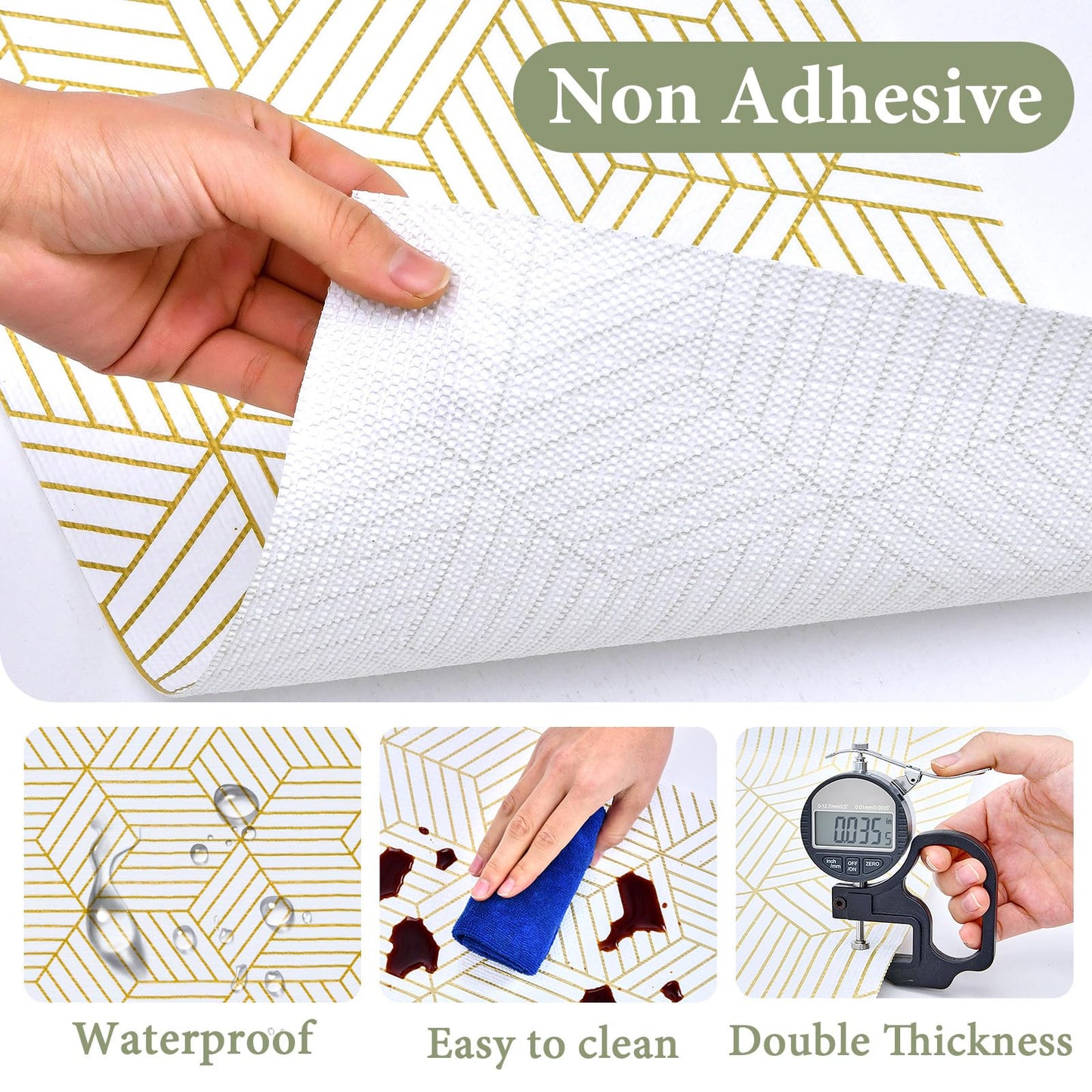 Shelf Liners for Kitchen Cabinets 12in x 20FT, Non Adhesive Cabinet Liner Strong Non-Slip Thickened Gold Geometric Drawer Liner, Easy to Clean for Shelf, Cabinet with Knife and Tape Measure