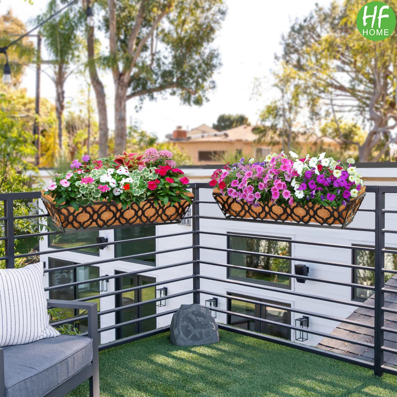 HFHOME 24 Inch Deck Railing Planter Box with Horse Trough Coco Liner, 24" Window Boxes with Coconut Coir Liner, Black Metal Hanging Flower Planter Basket for Outdoor Indoor Lawn - 4 Pack