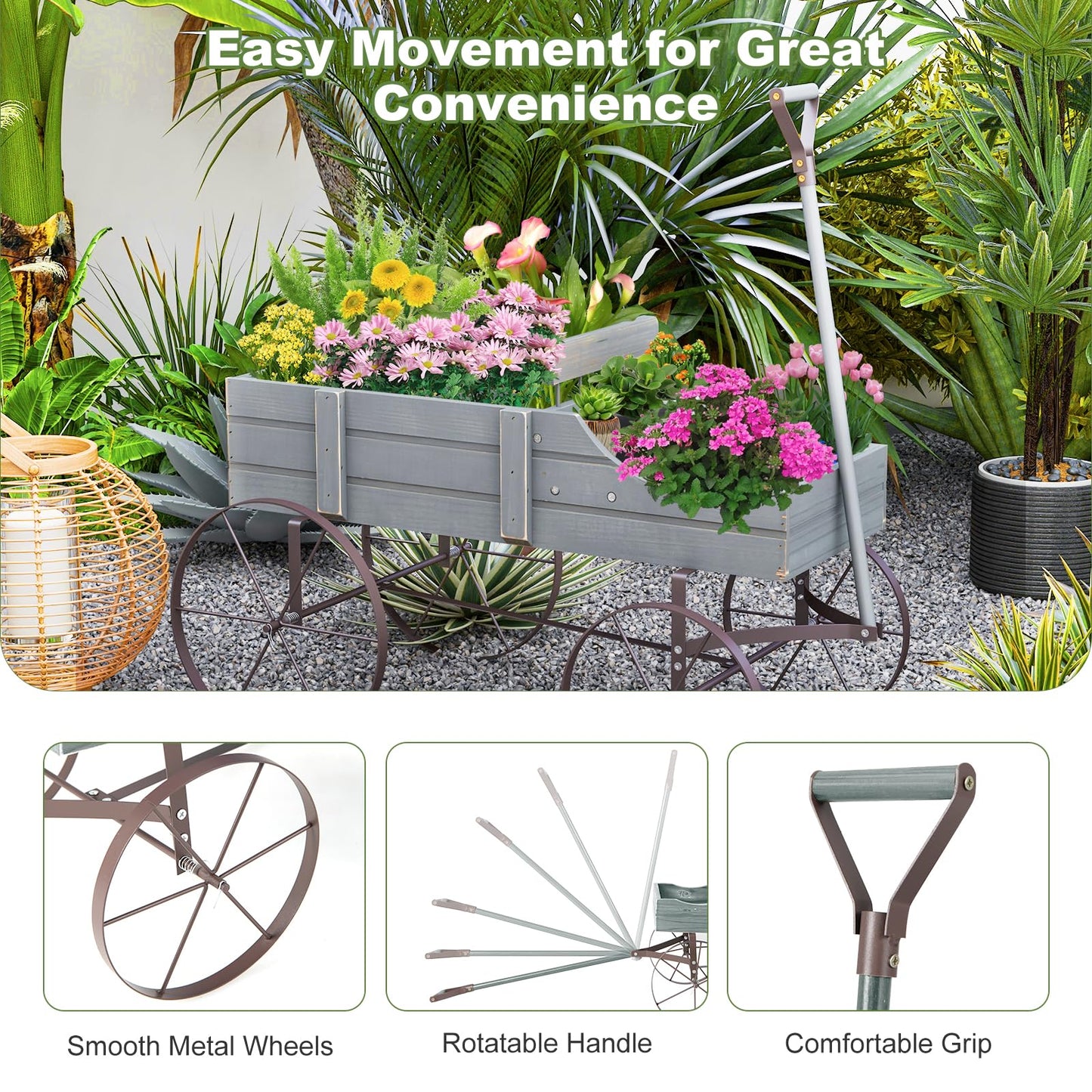 CHEFJOY Wooden Wagon Planter, Decorative Garden Wheelbarrow Planter with 2 Planting Sections, Rolling Wheels, Adjustable Handle, Small Wagon Cart Planter Stand for Flowers Vegetables Herbs (Grey)