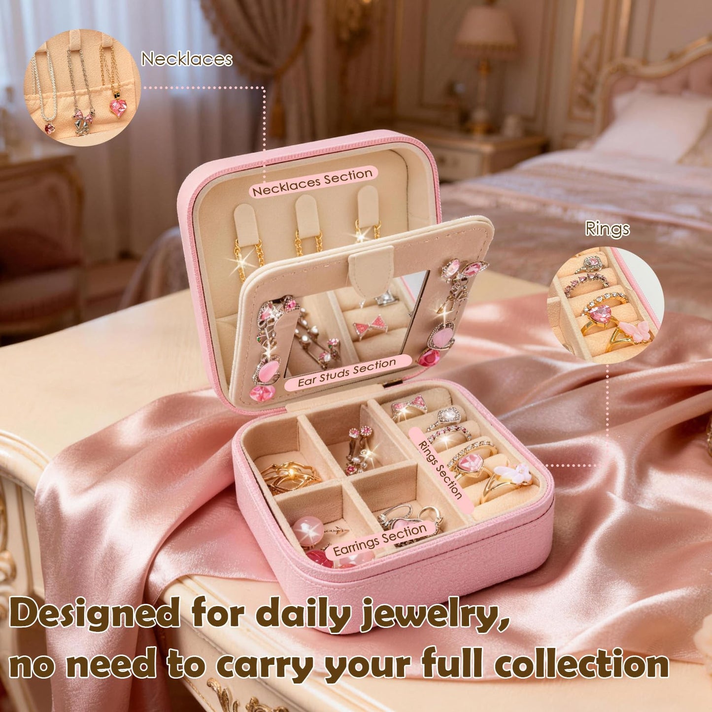 SMUOBT Jewelry Box with Jewelry Set for Women Men - Multi-Layer Organizer Storage Case with Mirror, Necklace Bracelet Hoop/Stud Earrings Rings Gift Set for Her Him, Unique Birthday Party Gift