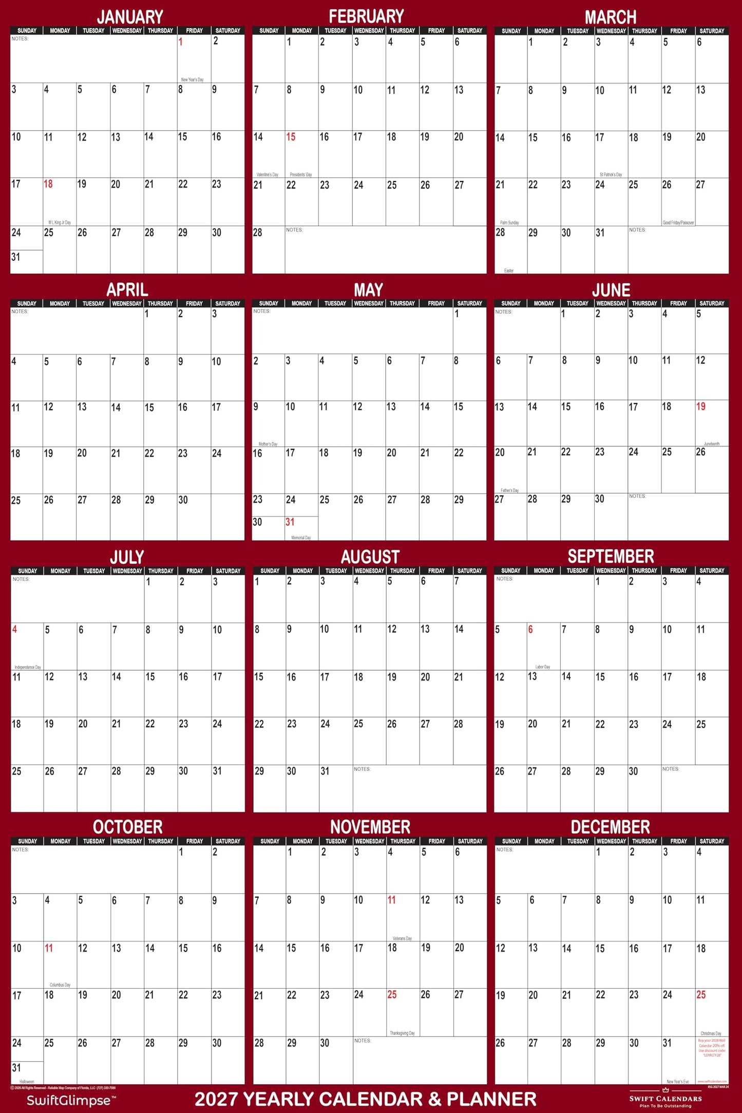 32" x 48" SwiftGlimpse 2027 Wall Calendar Erasable Large Wet & Dry Erase Laminated 12 Month Annual Yearly Wall Planner, Reversible, Horizontal/Vertical, Burgundy