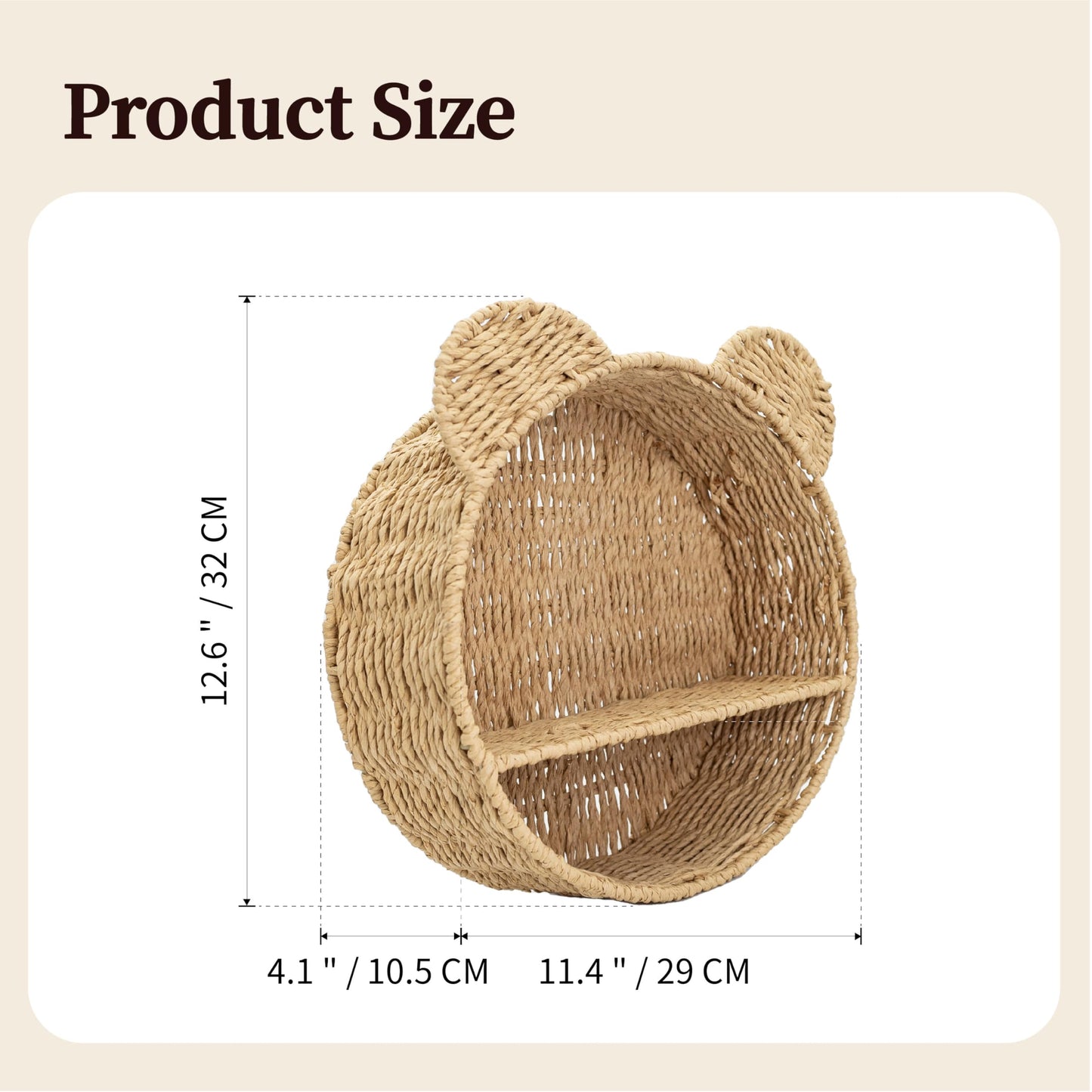 seicasaya Bear Shaped Floating Wall Shelf Handwoven Natural Paper Rope Nursery Decor for Kids Room (Natural)