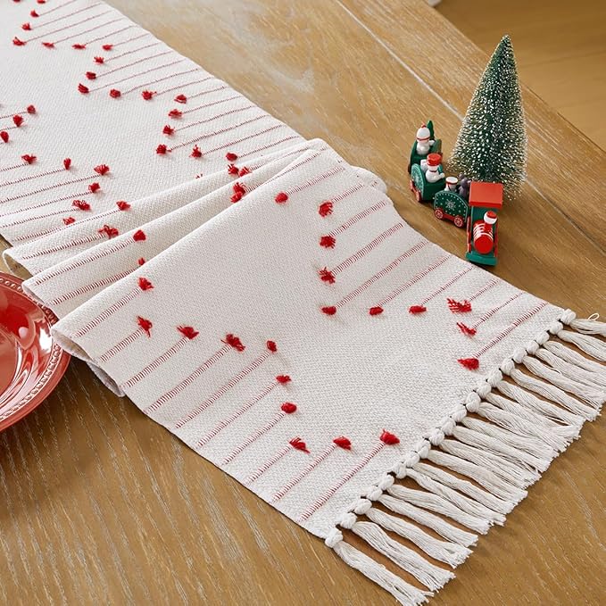 Wracra Christmas Table Runner, Natural Cotton Woven Macrame Table Runners 48 Inches Long for Christmas Decorations,Modern Farmhouse Woven Home Decor, 14x48 Inch, Red