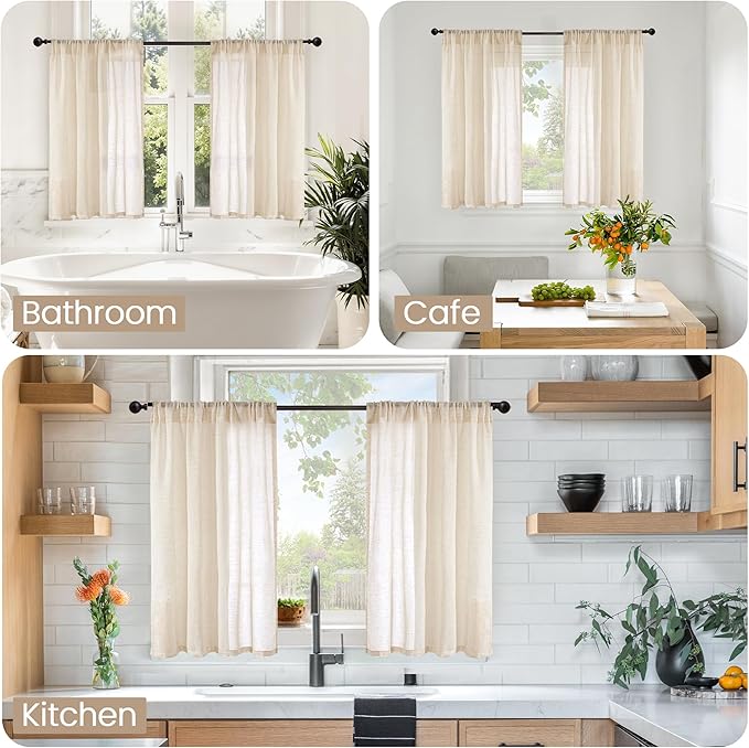 BGment Natutal Linen Cafe Curtains 30 Inch Length, Farmhouse Kitchen Window Drapes Semi Sheer with Rod Pocket Lightweight Textured for Bathroom Over Sink Decor, 2 Panels Set, 30 Inch Wide