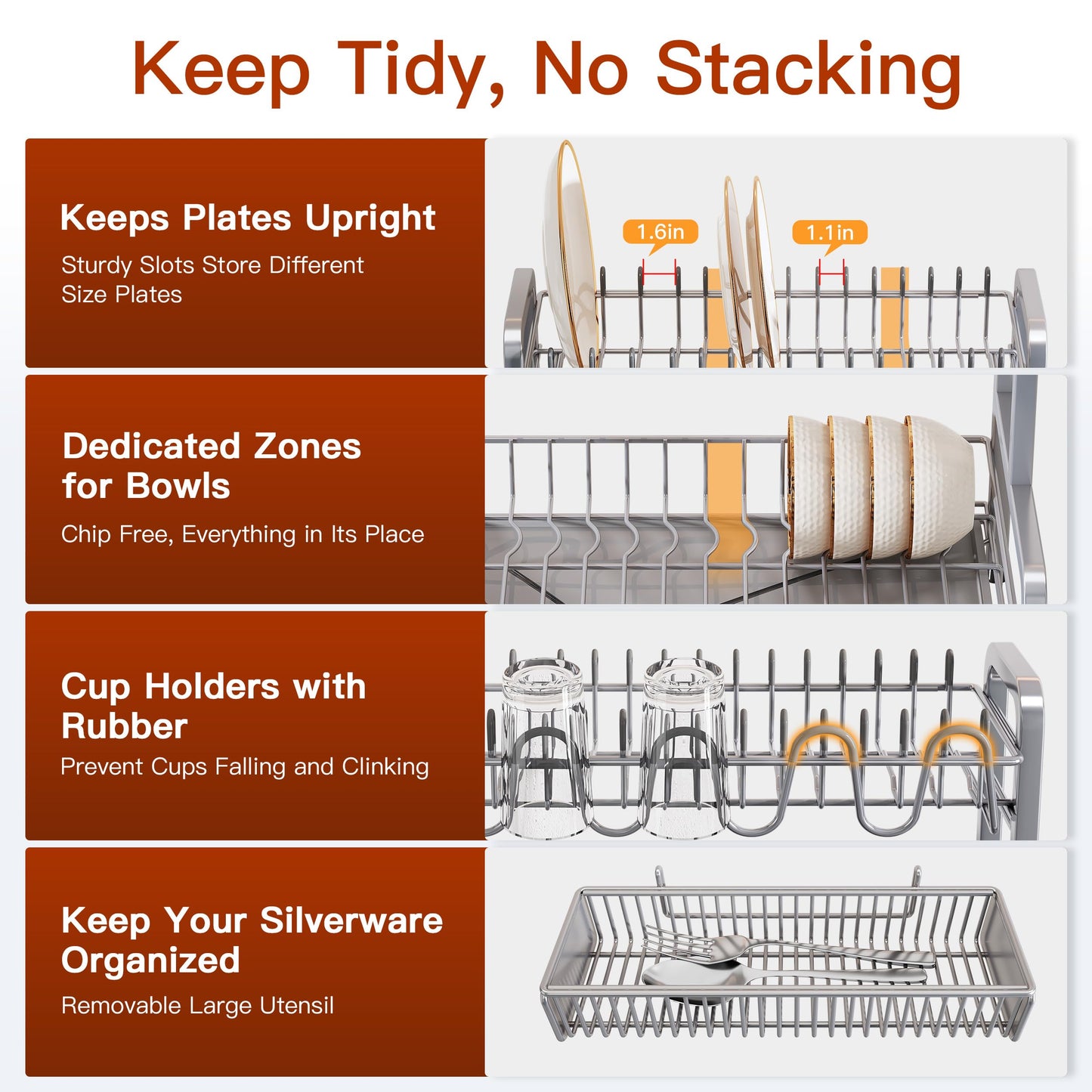 2 Tier Dish Drainer Drying Rack for Kitchen Counter, Large Stainless Steel Dishes Dryer with Drainboard, Space Saving, Big Rustproof Metal Modern Countertop Plates Strainer with Utensil Holder, Sliver