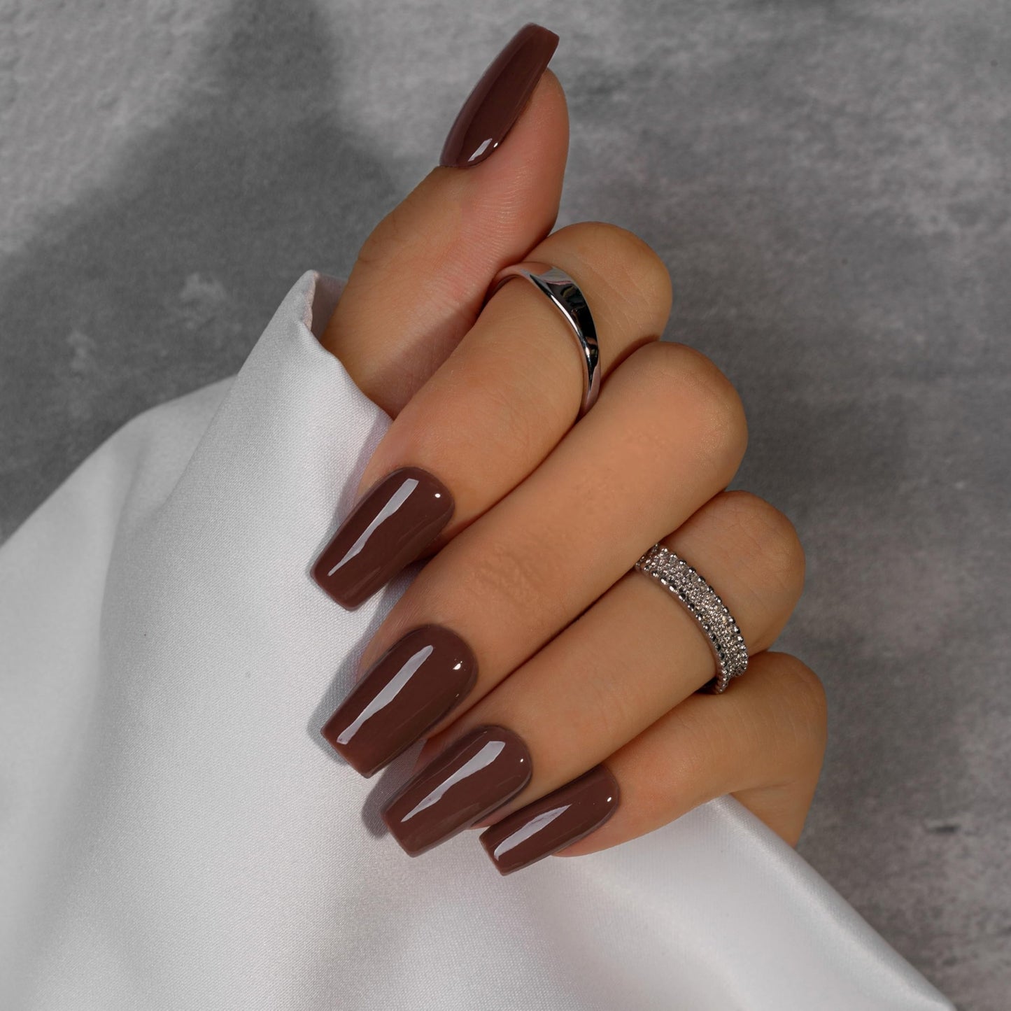 KQueenest Coffee Brown Press On Nails Long Square - Acrylic Press On Nails Medium Coffin, Glossy Opaque Fake Nails with Glue, Reusable Soft Gel Glue on Nails for Manicure Gift, 24 Pcs