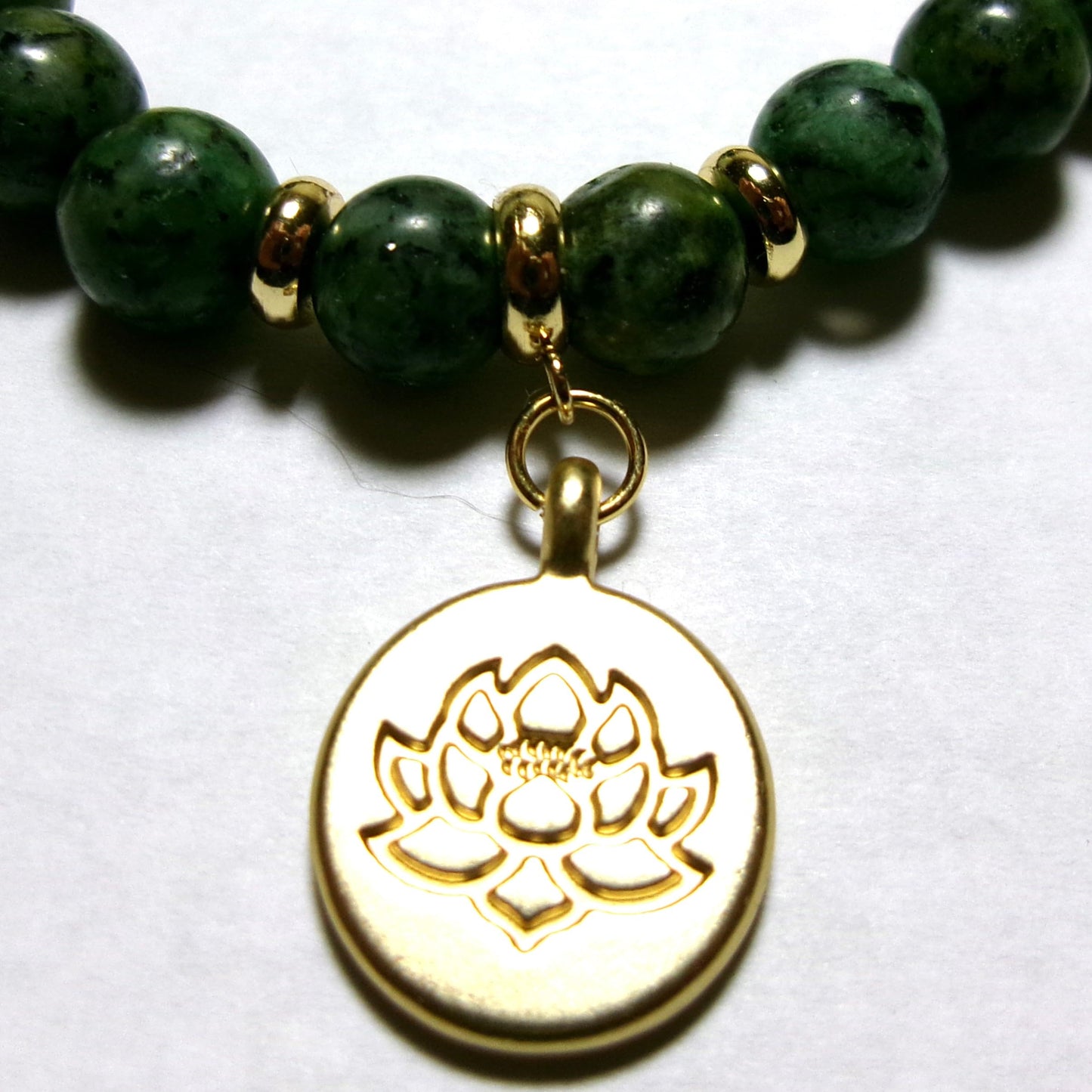 Lotus Flower Healing Crystal Stretch Bracelet with Gold Accents, 8 MM Beads, Handmade in USA (African Turquoise Jasper)