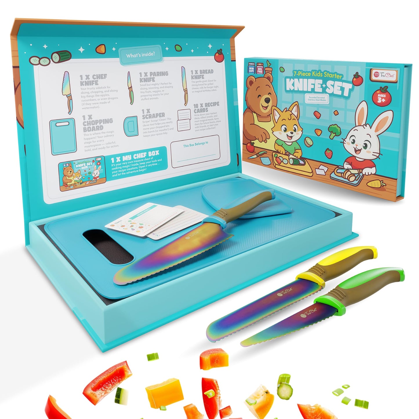 TruChef Kids Knife Set for Real Cooking | Skin Safe Chef Set for Ages 3+ with Rainbow Blades, Cutting Board, Scraper, Recipe Cards | Jr Chef Cooking Gift for Teens & Kids (16 Pcs)