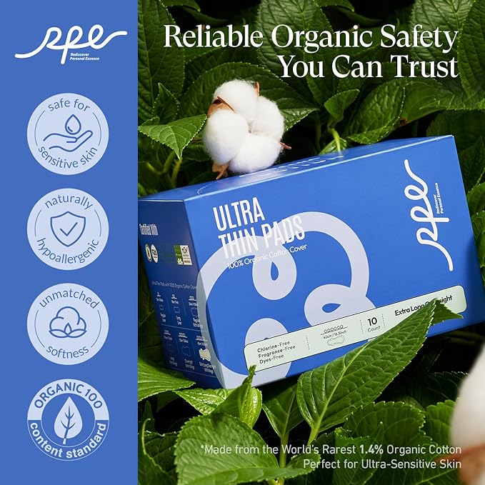 100% Organic Super Long Overnight Pads for Women Ultra Thin Sanitary Pads with Wings, Extra Heavy Flow Feminine Pads Ultimate Absorbency Extra Coverage Period Pads (Extra Long Overnight, Size 6, 60ct)