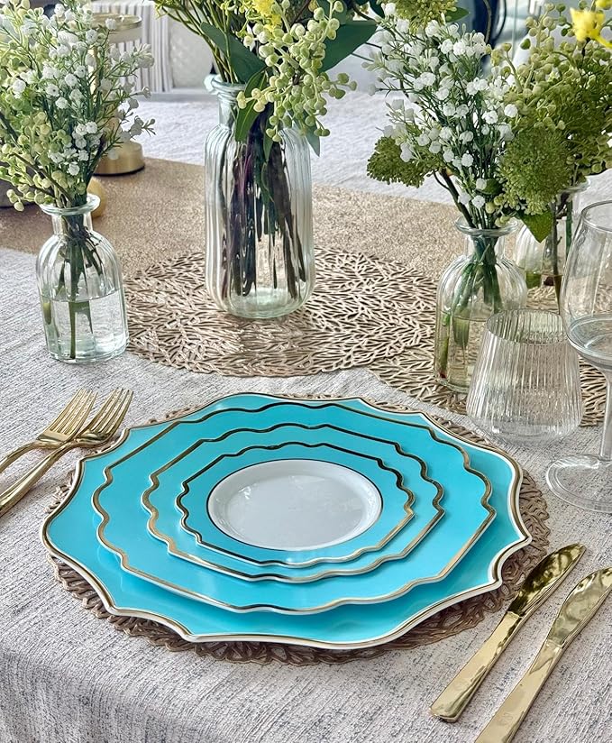 " OCCASIONS " 40 Pieces 13.25'' Scalloped Disposable/Reusable Plastic Charger Plates for Wedding, (Scalloped Imperial Aqua & Gold)